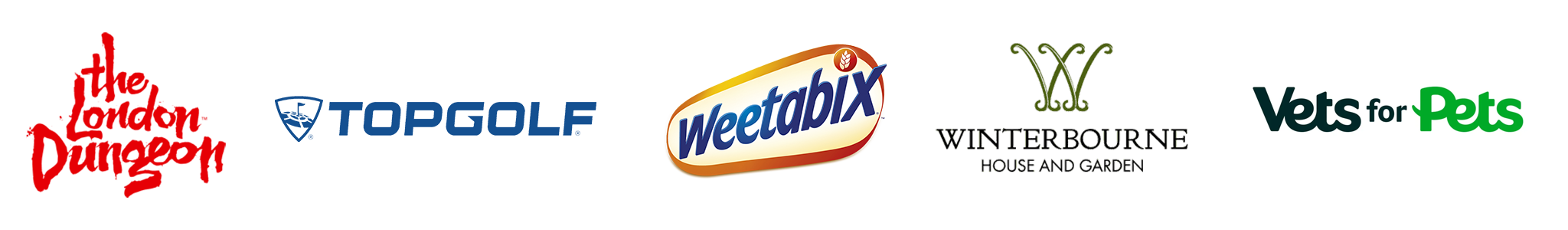 Logos of several brands including SuperOptical, Weetabix, Winterbourne House and Garden, and Vets for Pets.