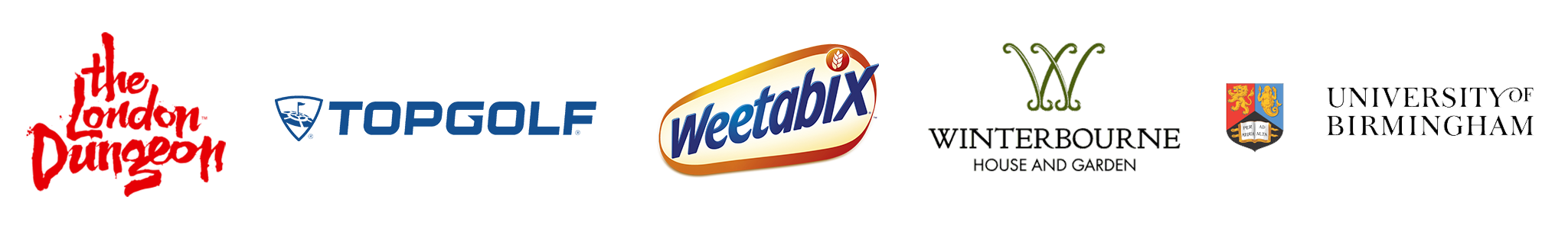 Logos of London Dungeon, Topgolf, Weetabix, Winterbourne House and Garden, and University of Birmingham.