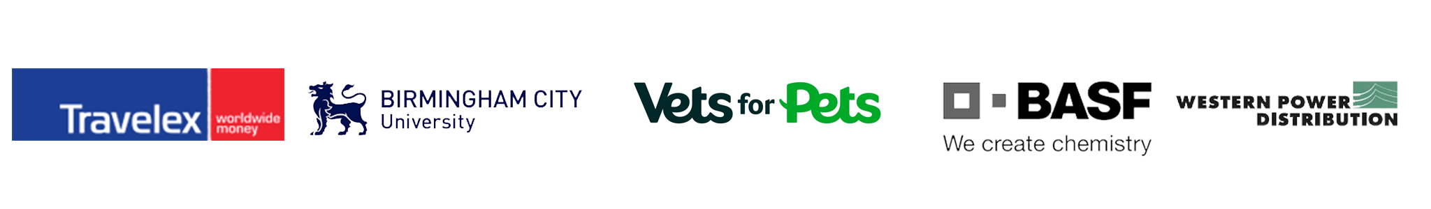 A collage of various company and organization logos, including Travelex, Birmingham City University, Vets for Pets, BASF, and Western Power Distribution.