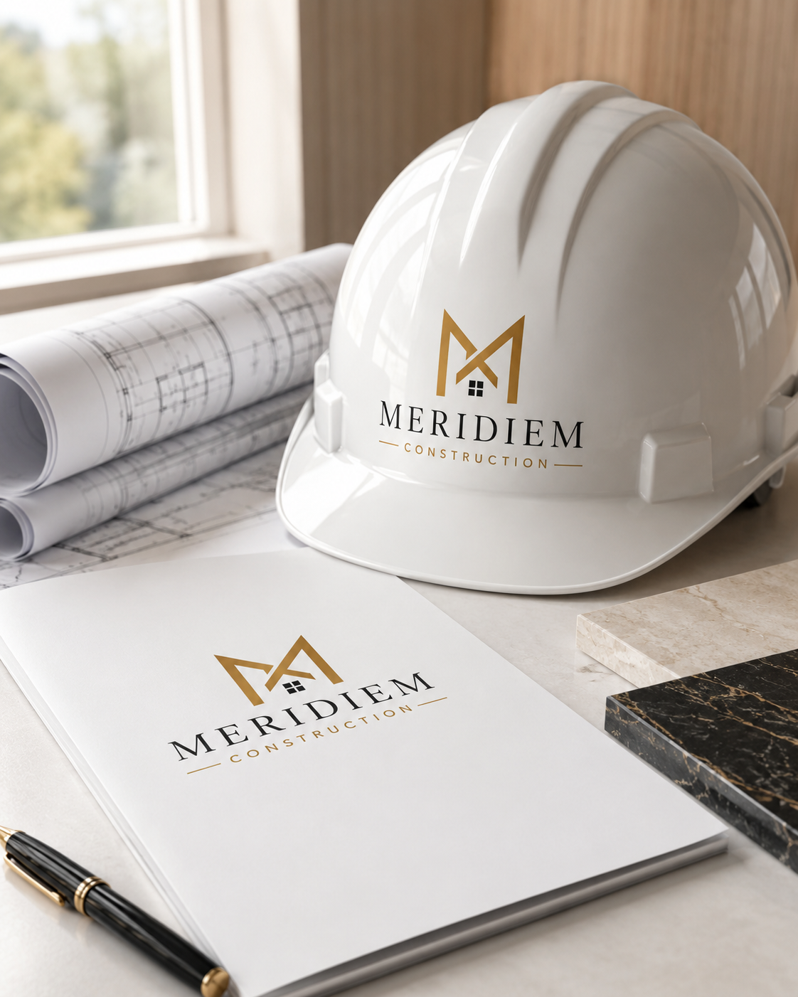 Construction hard hat and branded documents and blueprints on a desk, with a window in the background.
