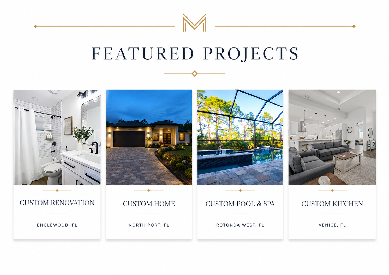 A promotional graphic titled 'Featured Projects' showcasing four home improvement projects with images and location details: a bathroom renovation in Englewood, FL; a home in North Port, FL; a pool and spa in Rotonda West, FL; and a kitchen in Venice, FL.