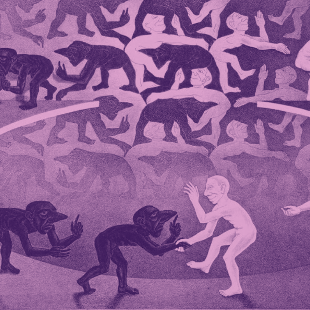 Color edited version of MC Escher's 'encounter' - depicting an optimist and a pessimist greeting and shaking hands