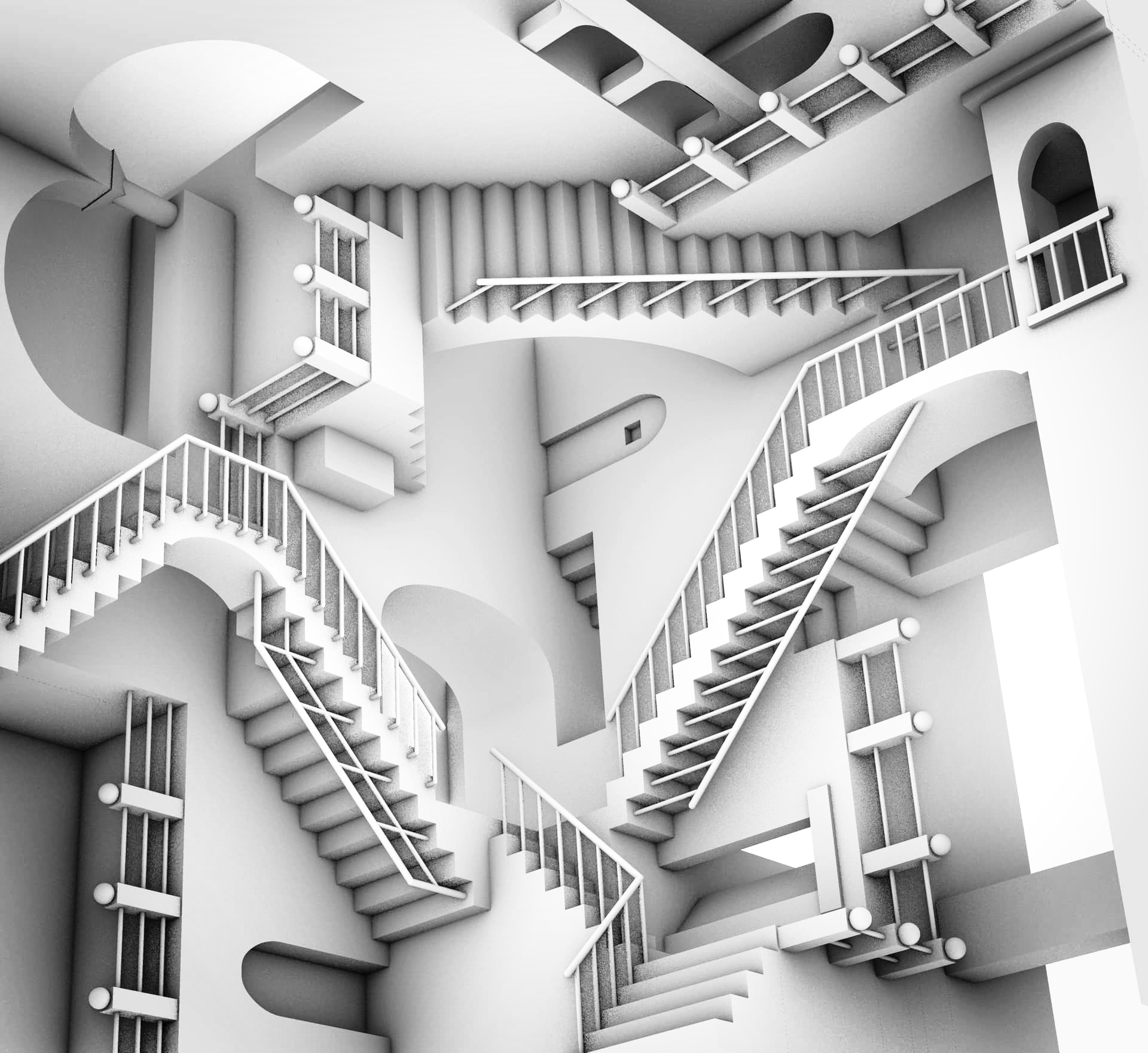 Graphic image in black and white of creator's rendering of a 3D model based on MC Escher's 'Relativity'. Further info available: https://discourse.mcneel.com/t/escher-relativity/209631