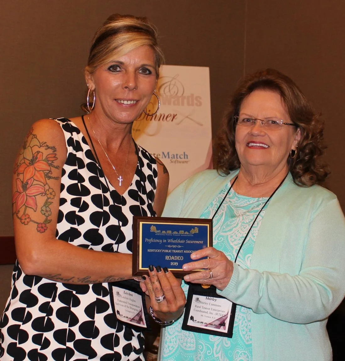 LeeAnn Hughes, FTSB is presented the 2019 Roadeo wheelchair securement