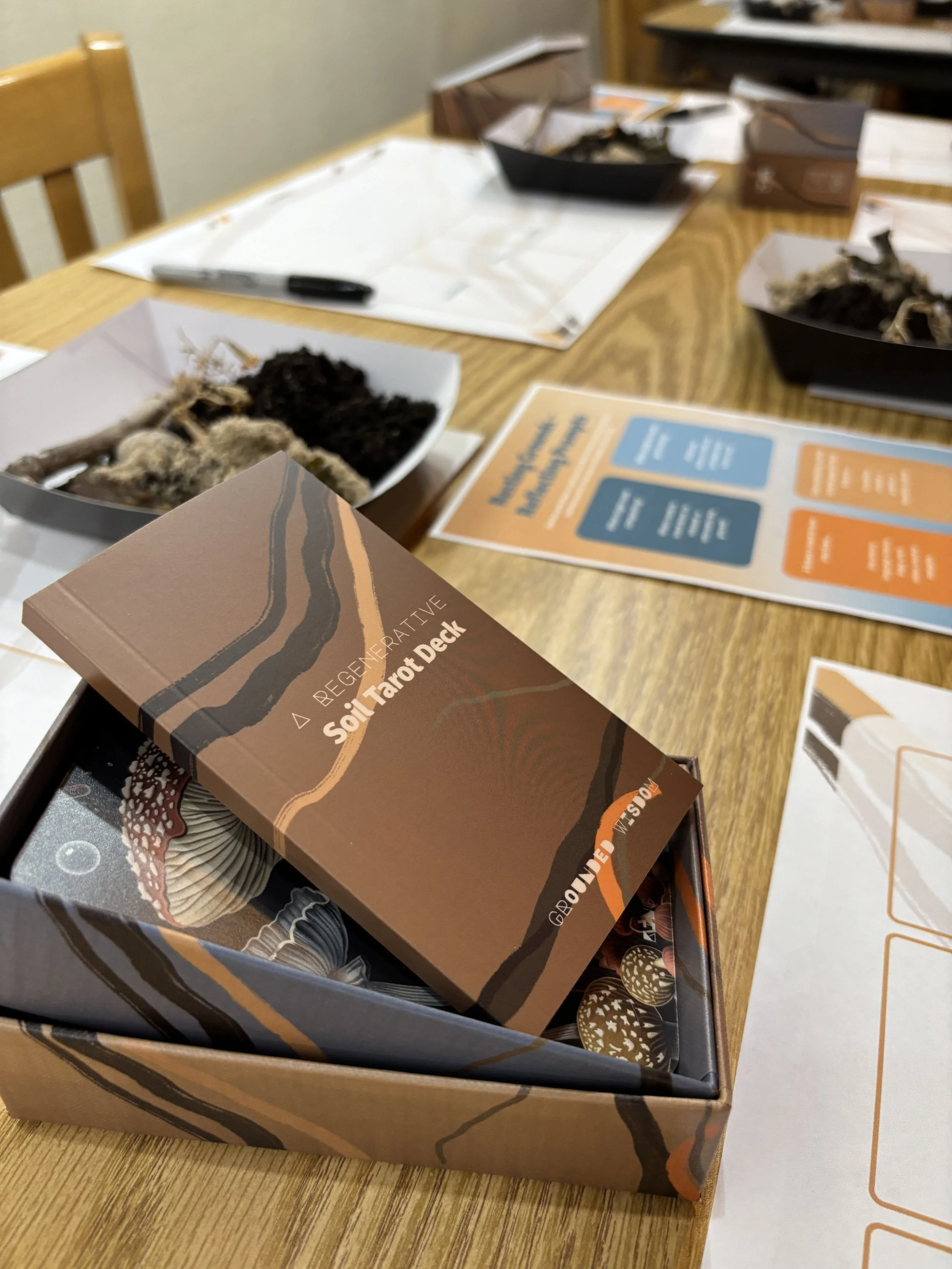 A soil tarot deck box on a wooden table amidst various papers, brochures, and bowls containing soil and mushroom specimens in a room set up for a tarot or soil-related activity.