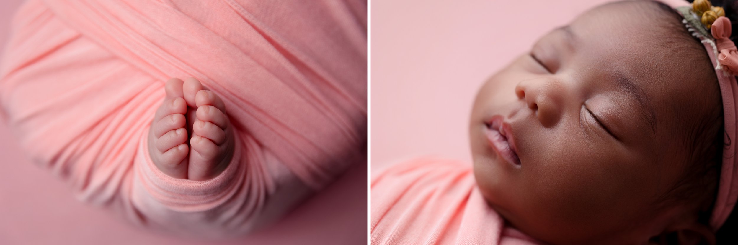 Close-up of a newborn baby's tiny folded hands and pink outfit on the left, and a sleeping baby girl with a pink headband, lying on a pink background on the right.