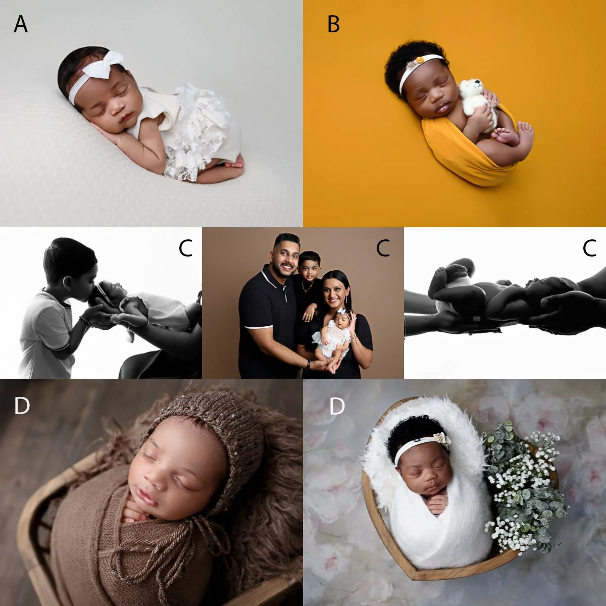 Collage of newborn baby photos, including sleeping babies, a family portrait, and a baby swaddled and posing with flowers.
