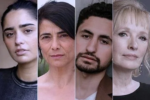 Composite of four close-up portraits of diverse women and men with neutral or serious expressions.