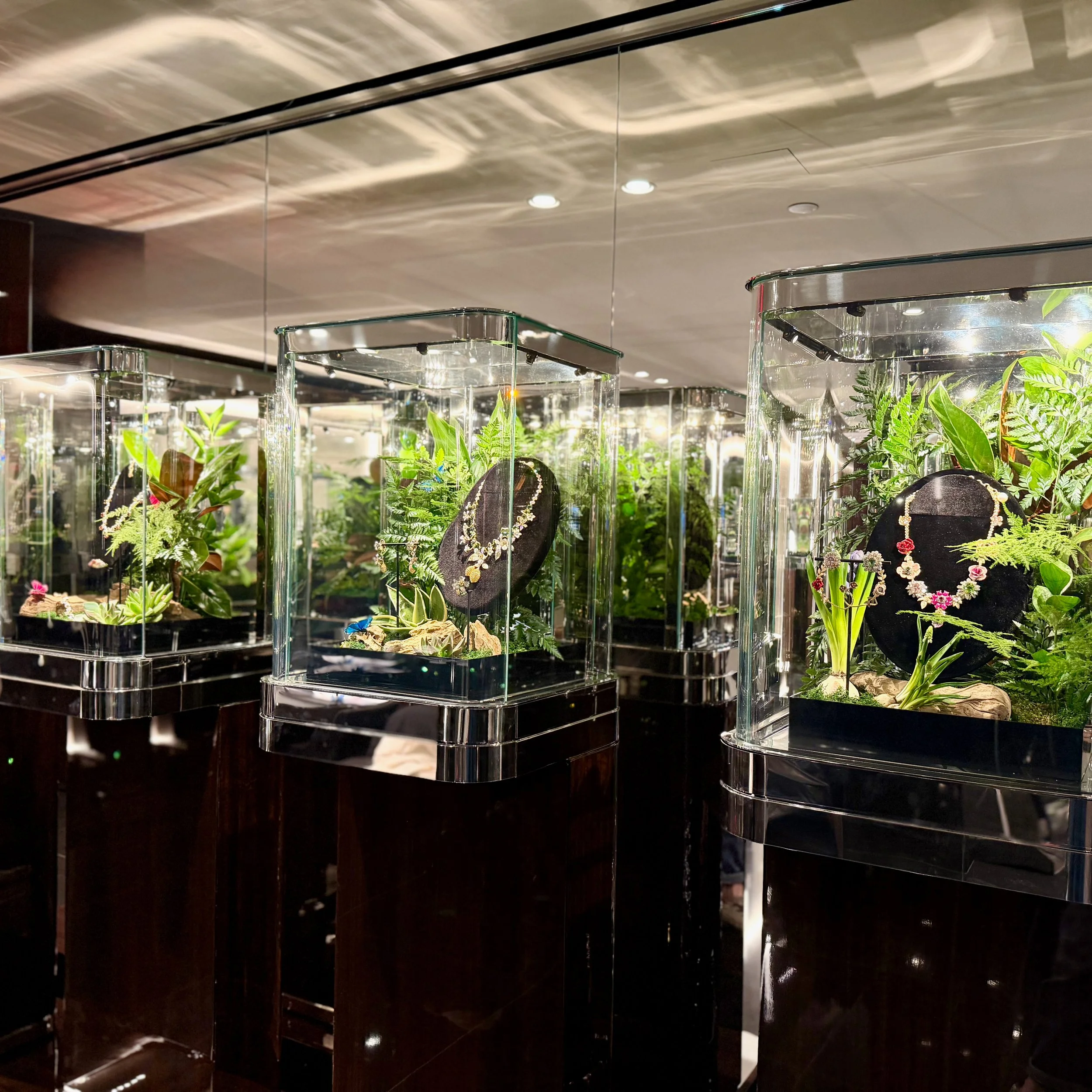 Jewelry case decor with real greenery for Dolce&Gabbana on Madison Avenue in NYC
