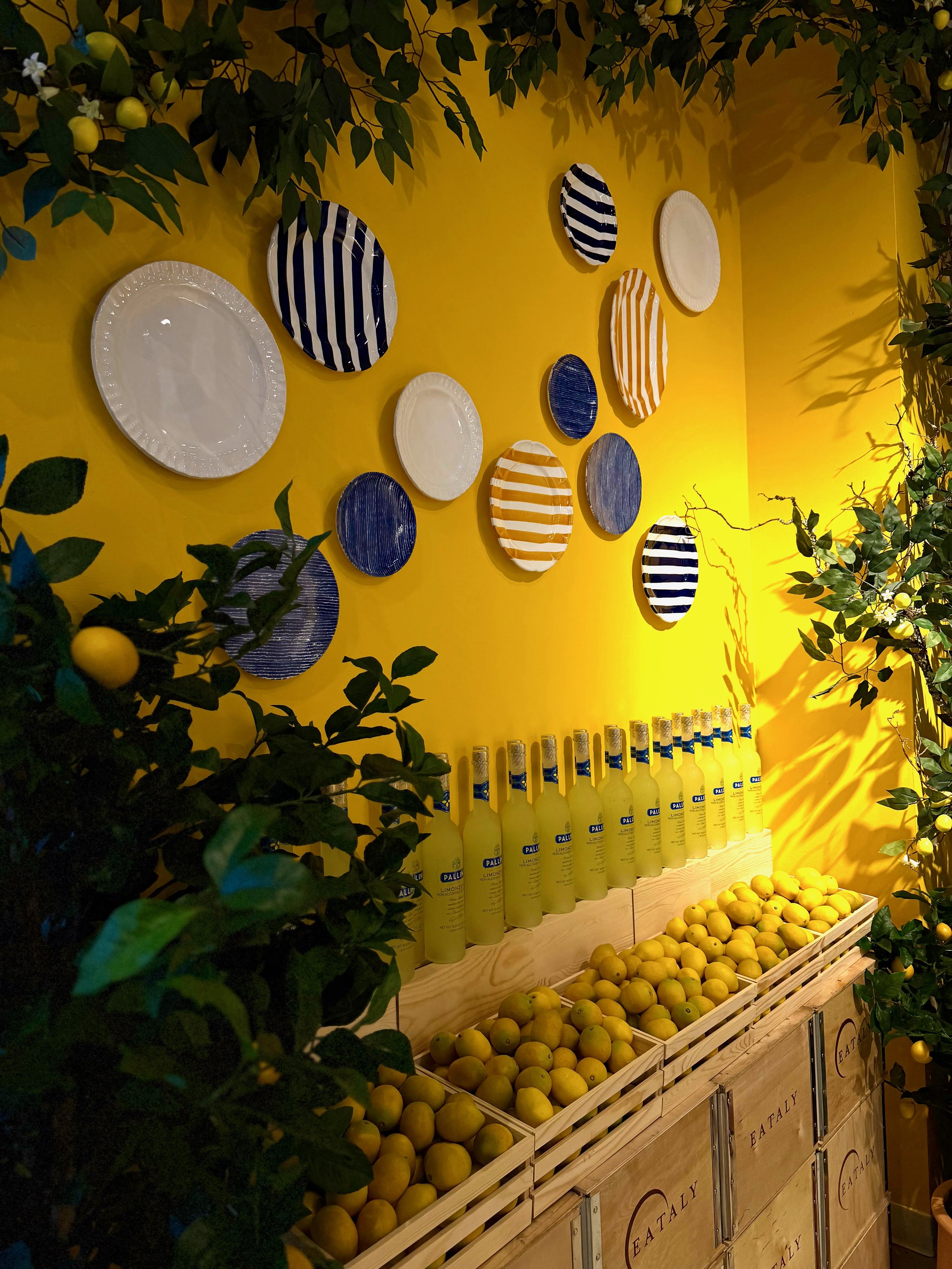 Wall plate decor and limoncello display for Pallini at Eataly NY.