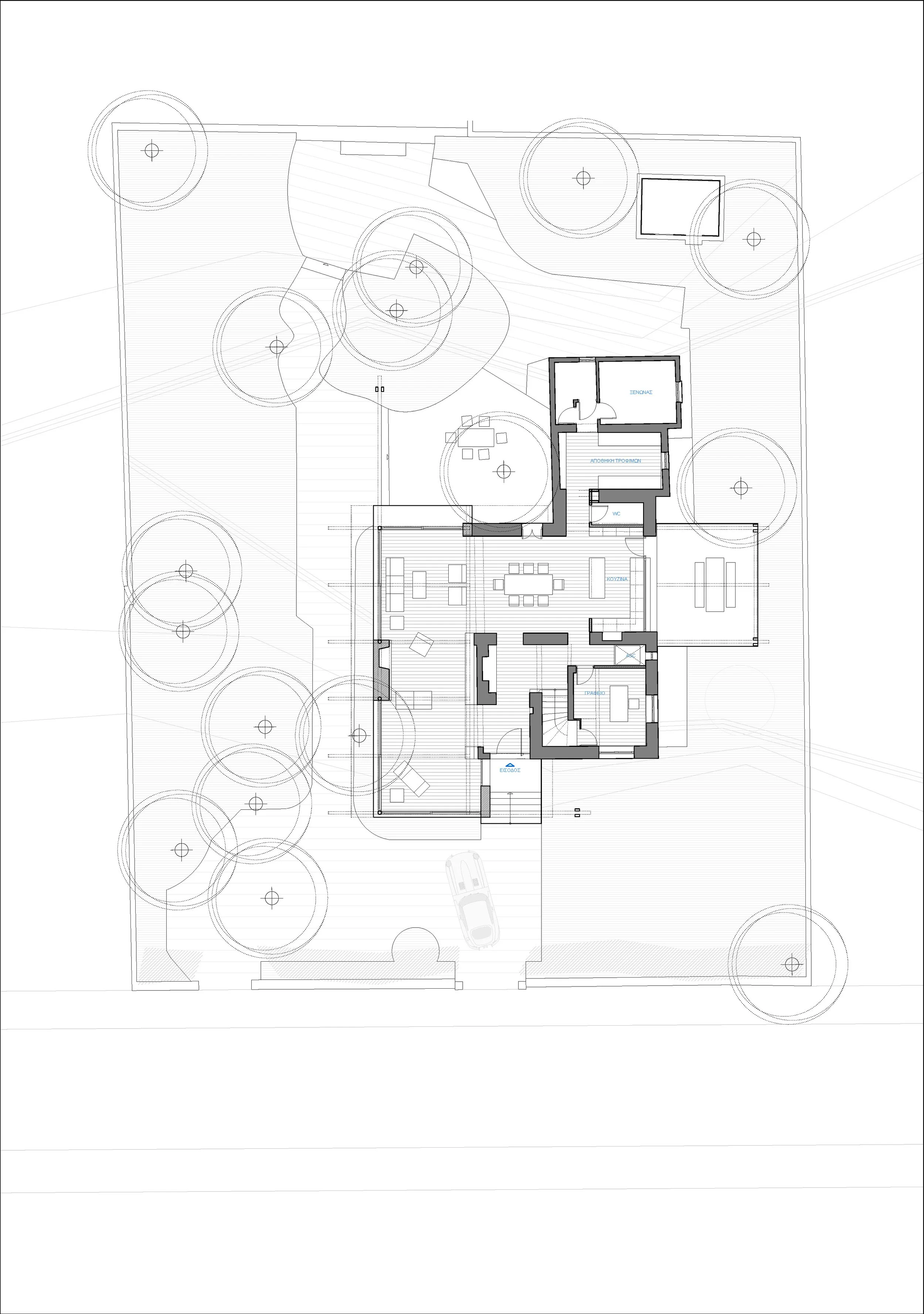Architectural floor plan of a house with surrounding landscape features, including trees, outdoor seating, and a driveway with a parked car.