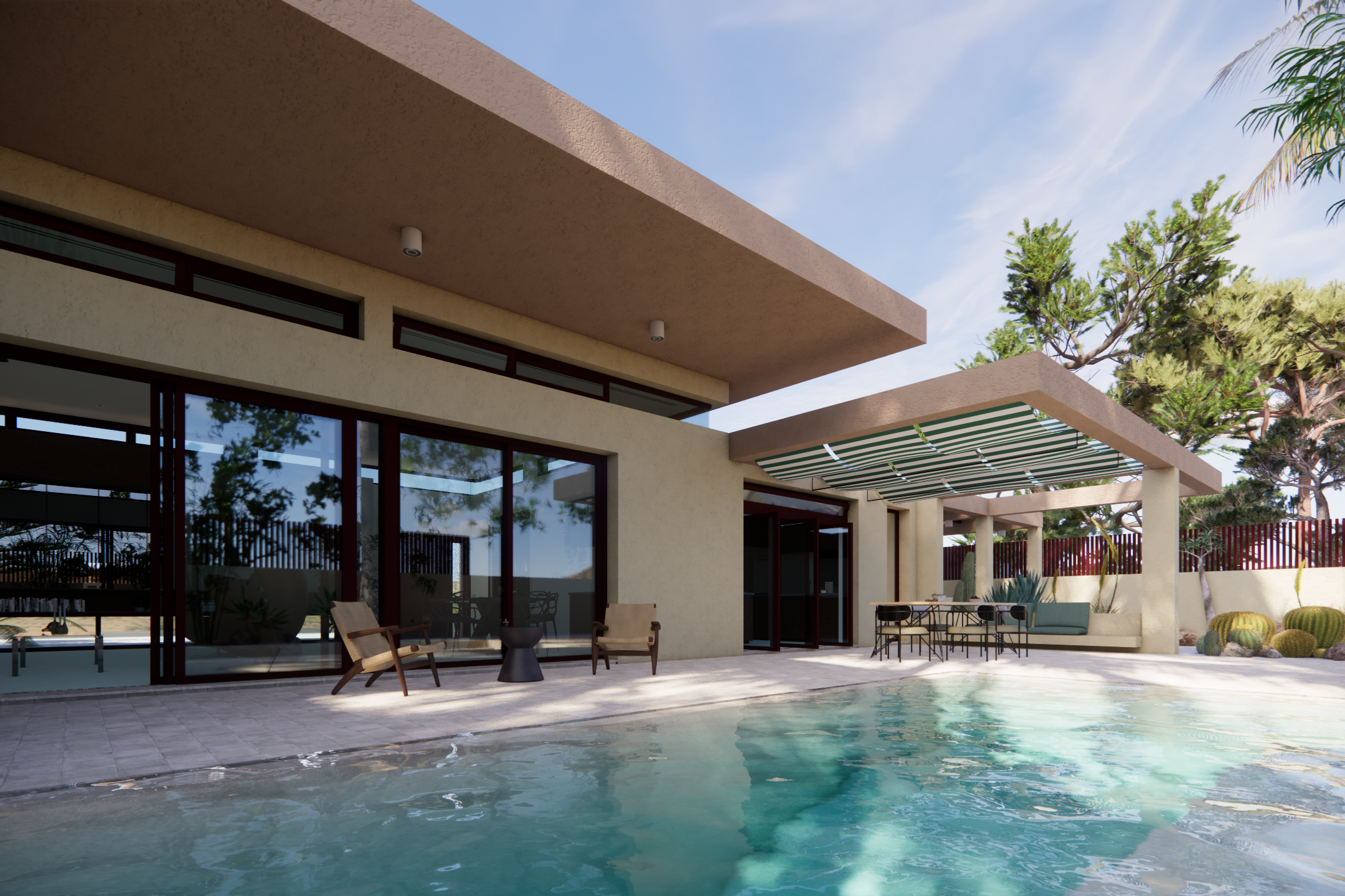 Oasis Residence στην Πολιτεία Αττικής από το αρχιτεκτονικό γραφείο στην Αθήνα dire architects | Ισόγεια βιοκλιματική βίλα με νότιο προσανατολισμό, πισίνα και στοιχεία σκίασης.