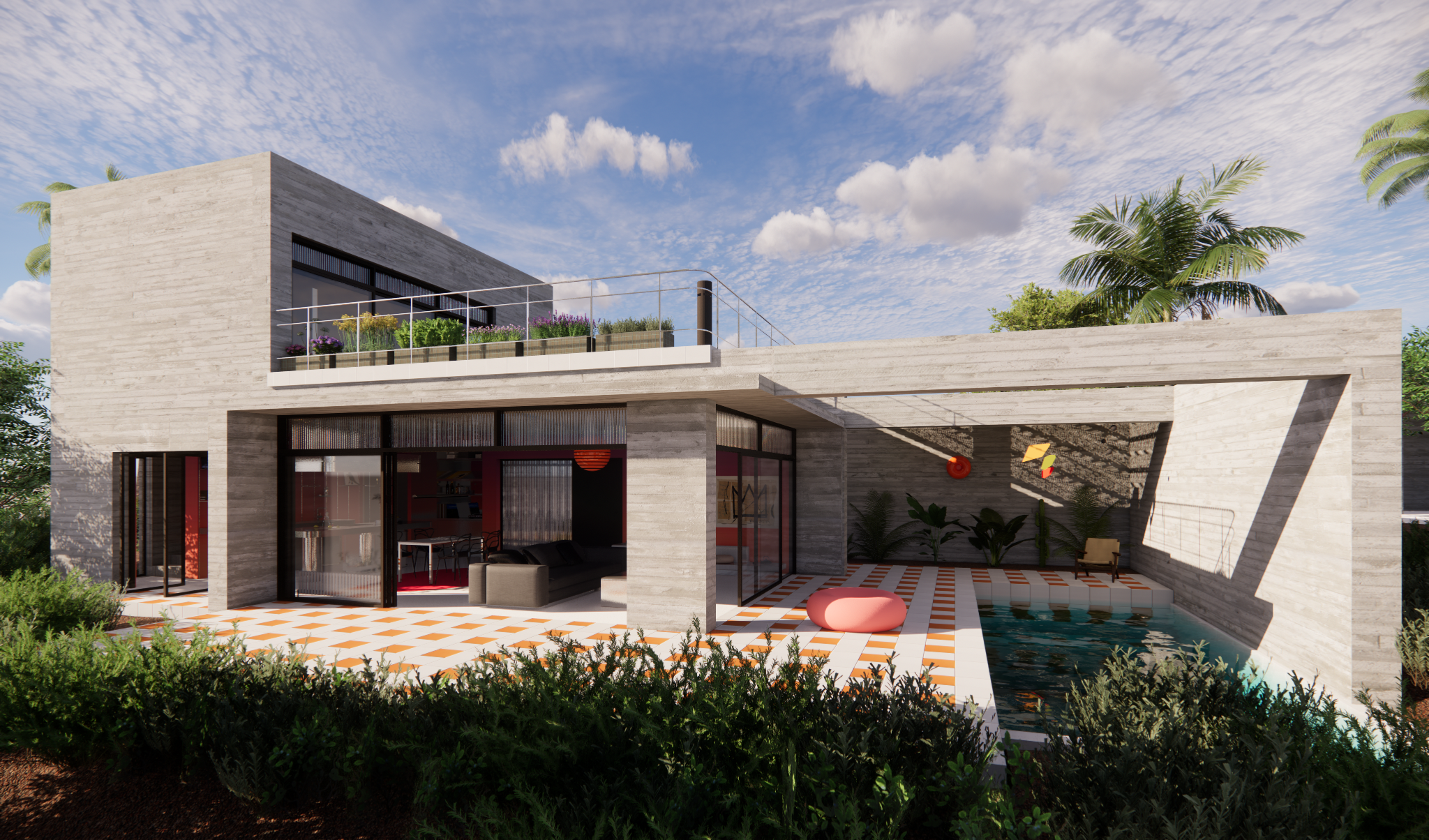 Modern two-story house with outdoor pool, patio with checkered tiles, lush greenery, and a rooftop garden with plants. Large glass sliding doors reveal a living room interior.