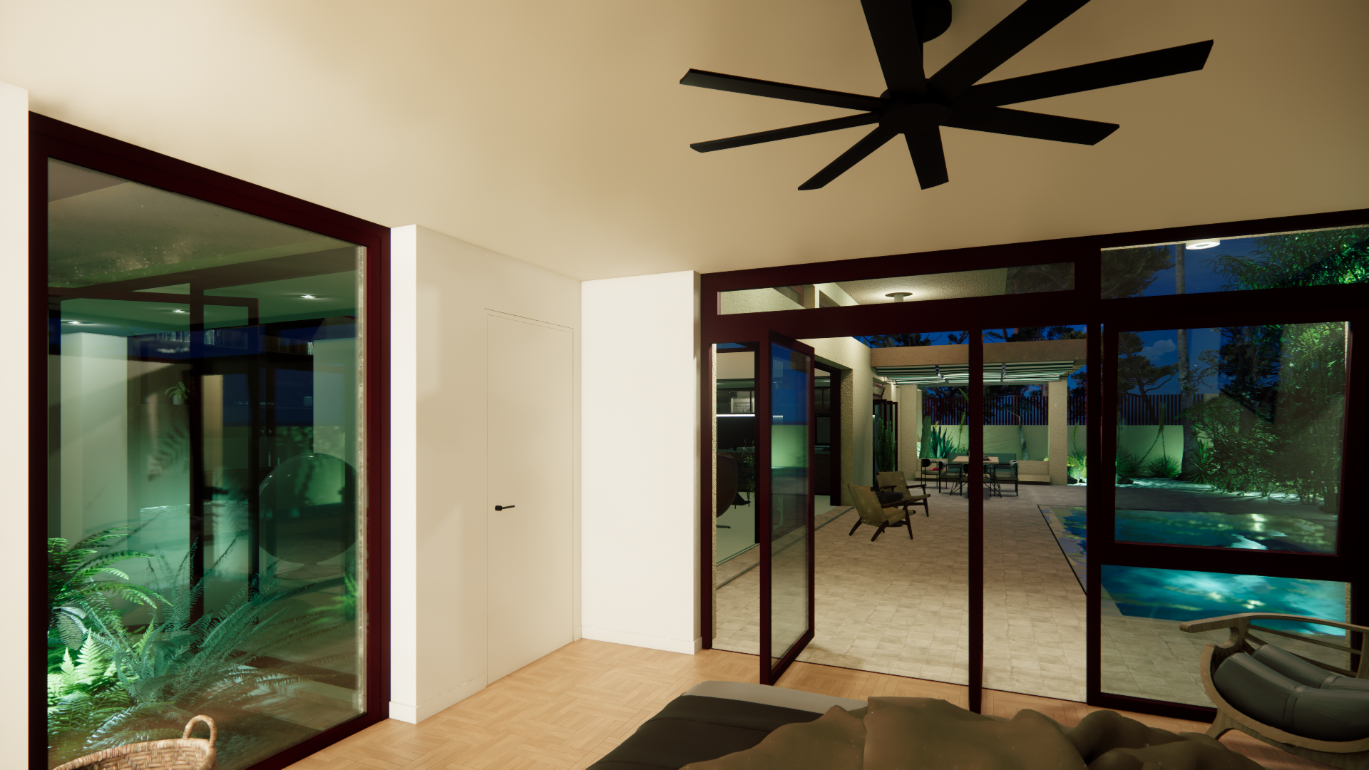 Passive cooling system with ceiling fans and high skylights for thermal comfort by dire architects Athens. Oasis Residence