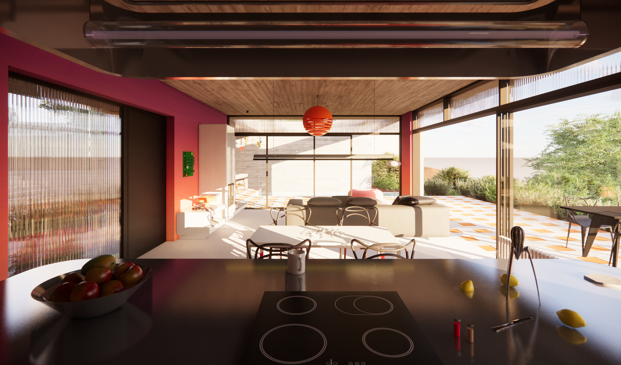 Contemporary open-plan interior dining area with natural daylighting by dire architects.