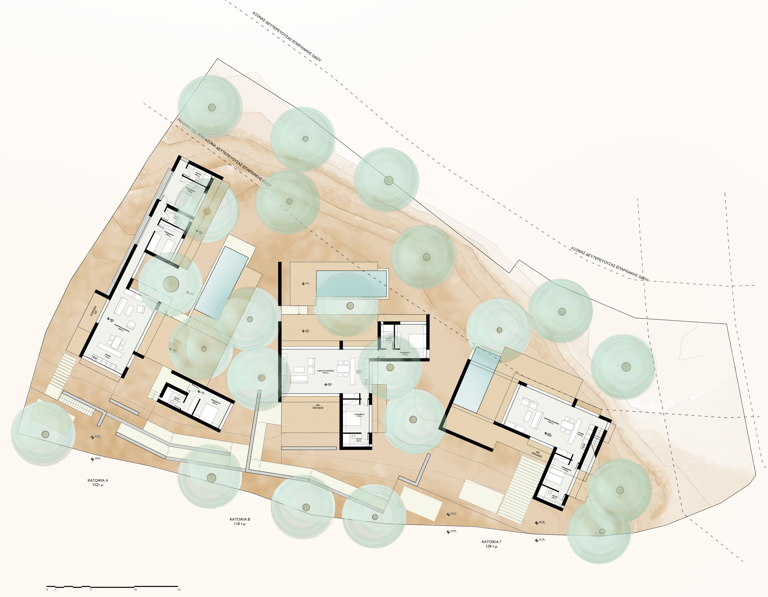 Architectural site plan showing multiple buildings, outdoor areas with trees, a swimming pool, pathways, and detailed room layouts.