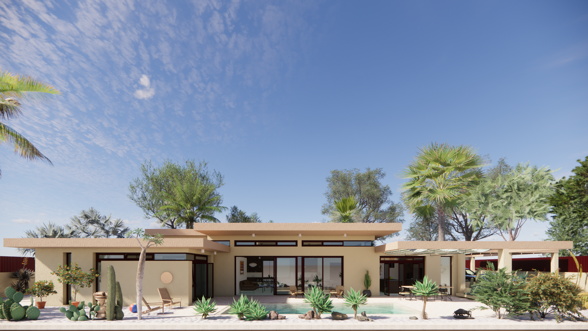 South elevation facing the private garden and swimming pool in Oasis Residence in Politeia by dire architects.