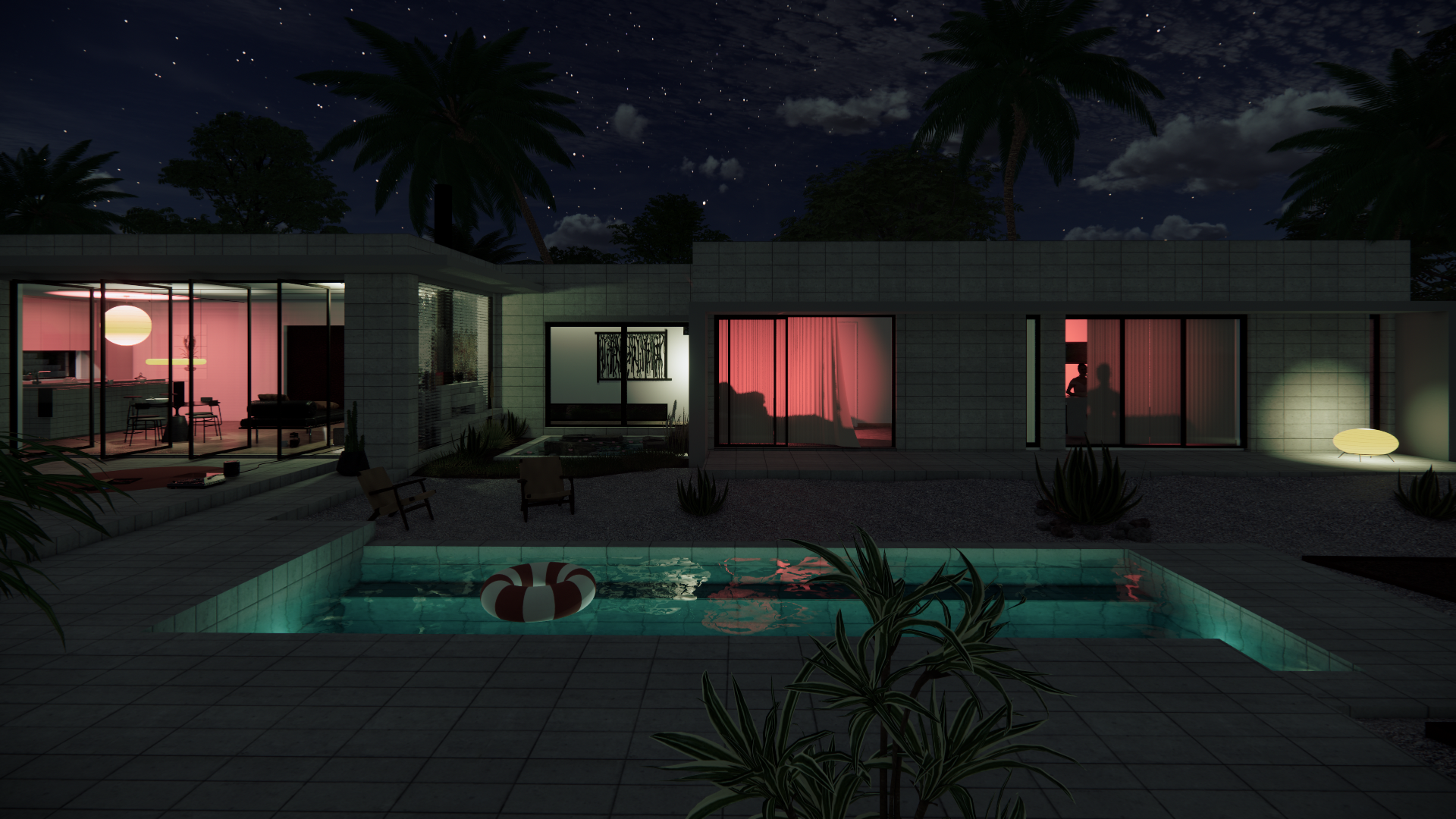 usonian villa at night with occupants inside