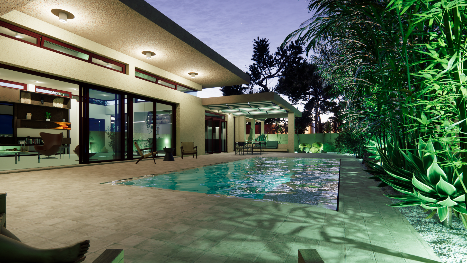 Architectural exterior night lighting and pool reflections in Politeia, Attica, by dire architects.