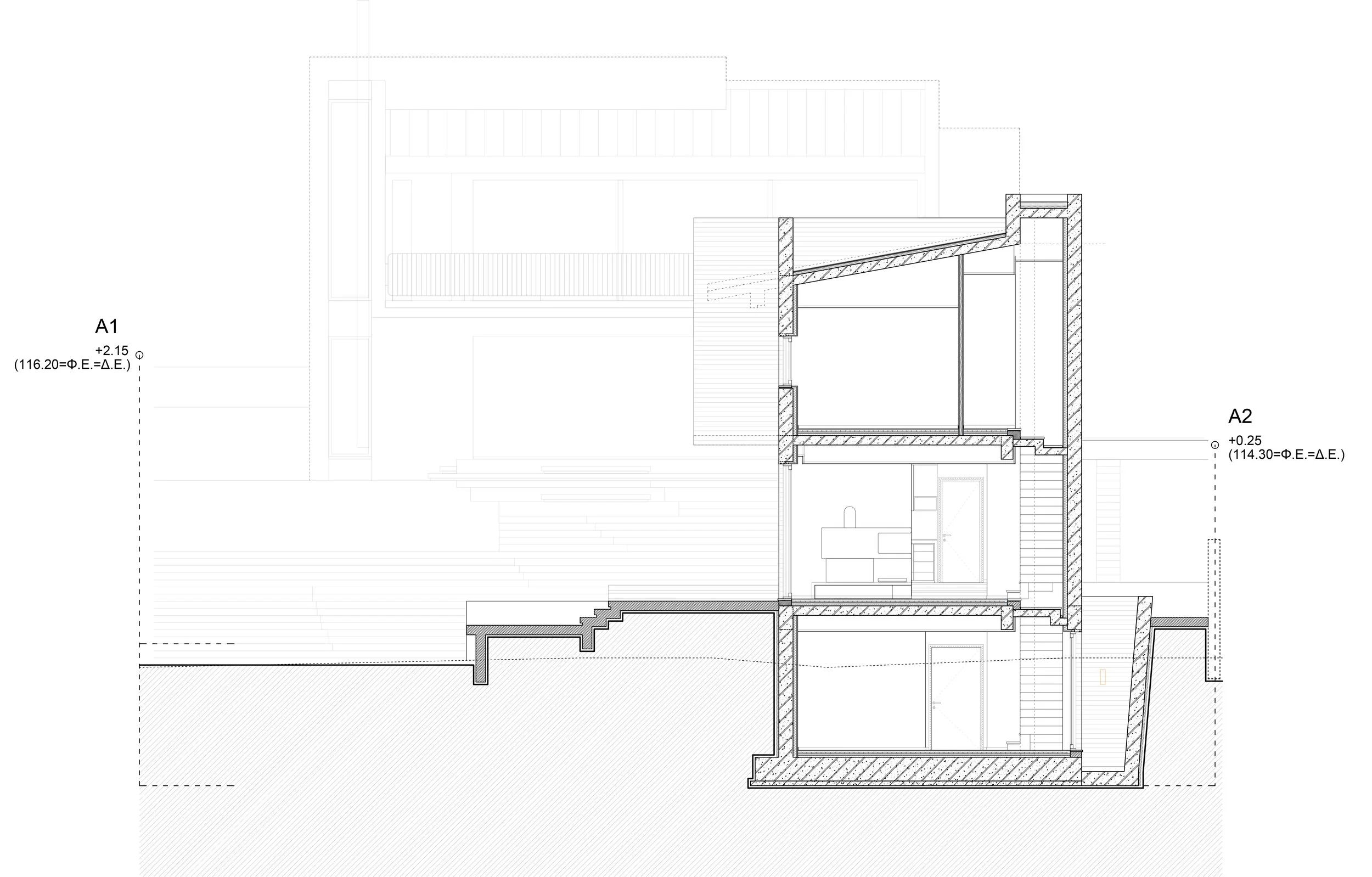 Architectural section showing exposed concrete volumes adapted to the 13% natural plot slope in Neos Voutzas by dire architects Athens.