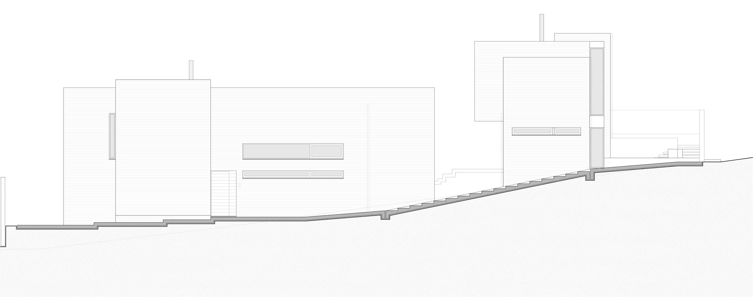 Introverted boundary elevation in Neos Voutzas, Attica with natural textured masonry and exposed concrete frame by Athens architects dire architects.
