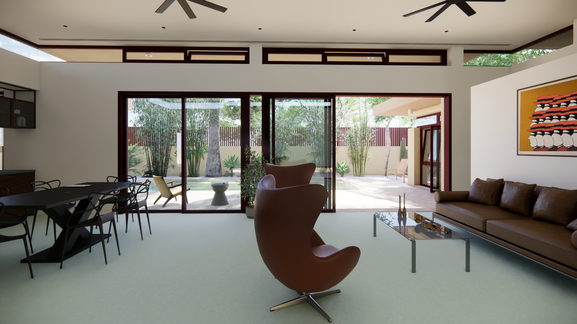 Open-plan interior architecture living room with floor-to-ceiling glass doors connecting to the garden by dire architects Athens.