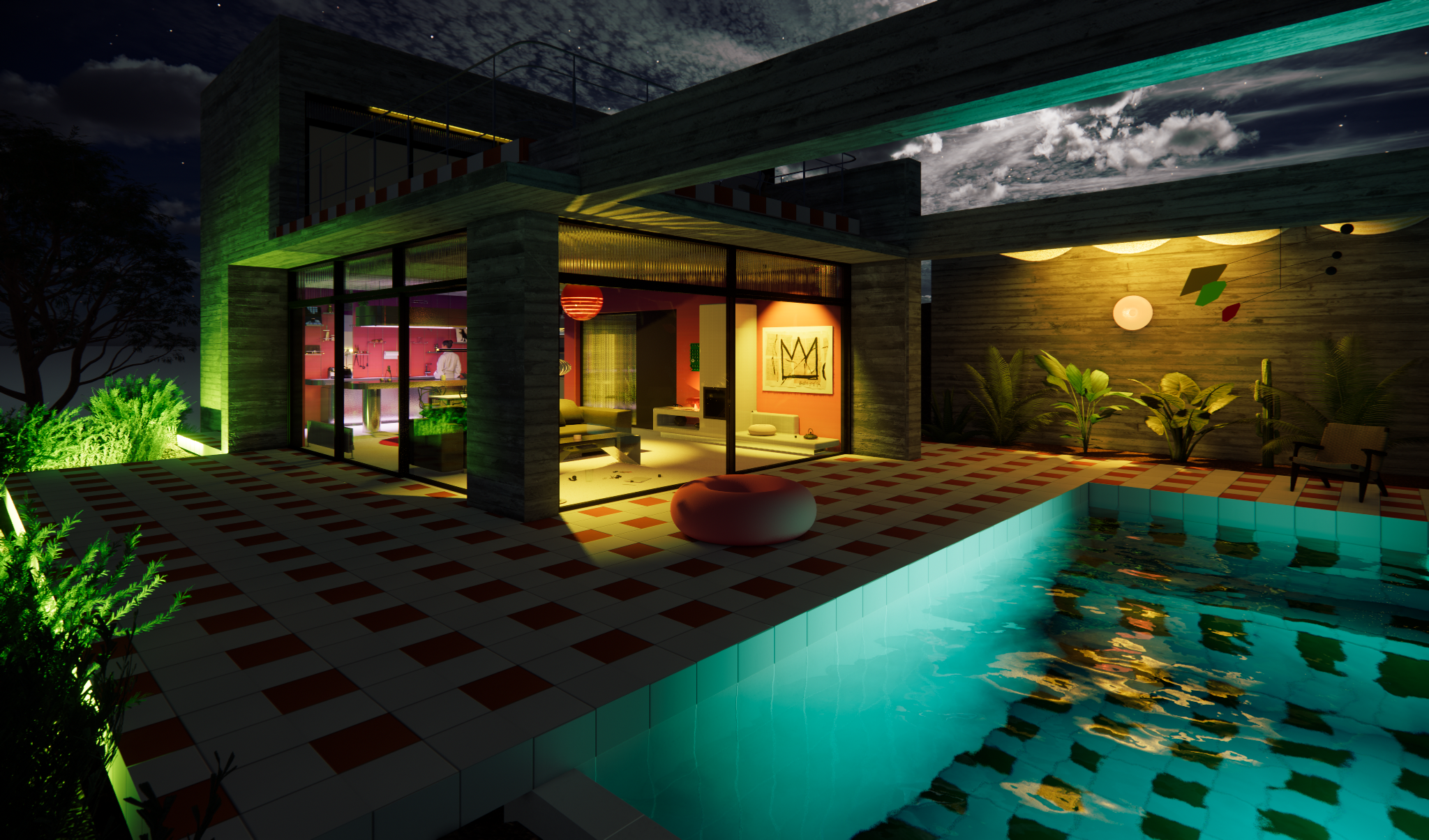 Modern house at night with large glass windows, illuminated interior, outdoor pool, and patio area with seating and greenery.