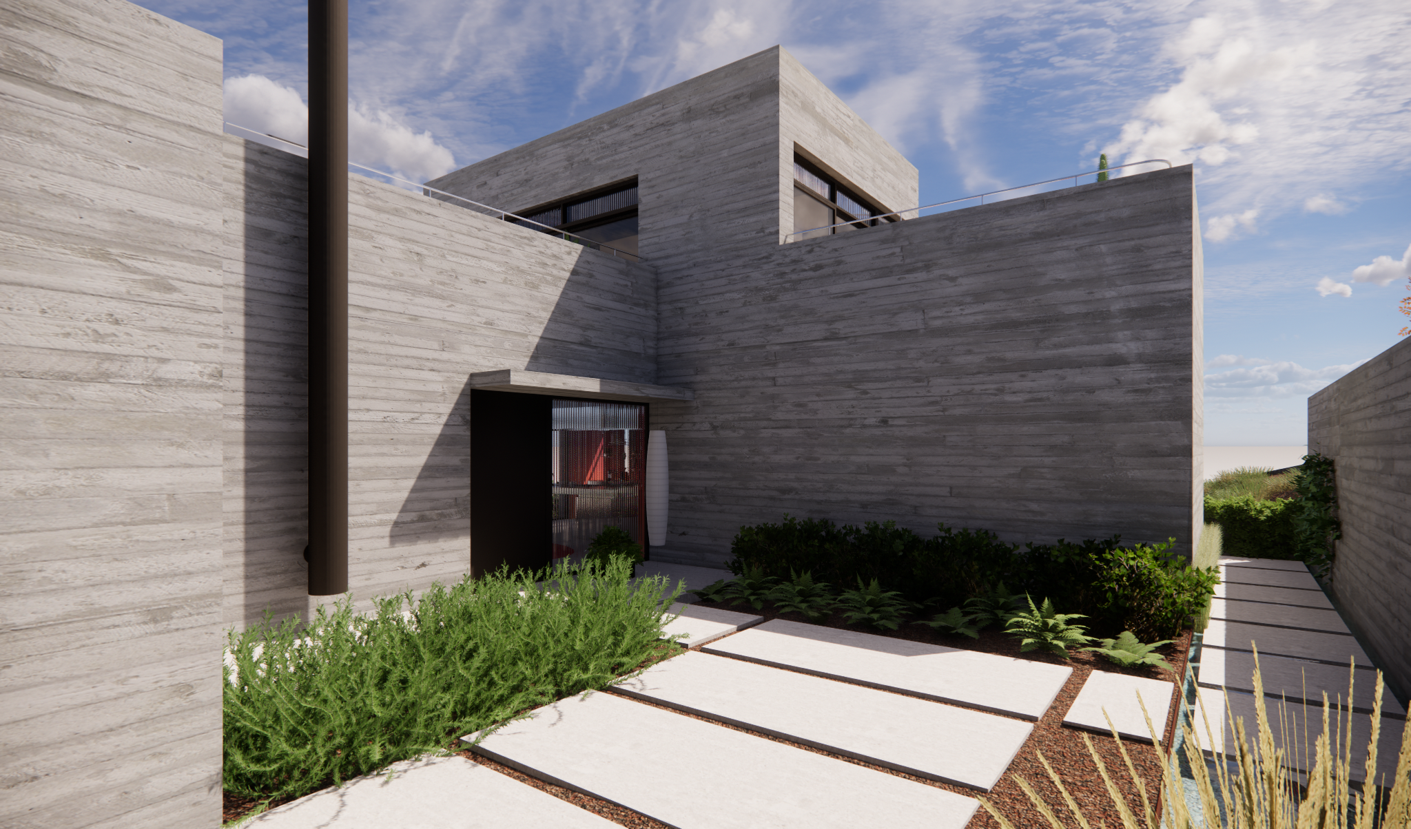 Exposed concrete building exterior with landscaped garden and stepping stone pathway under a partly cloudy sky.