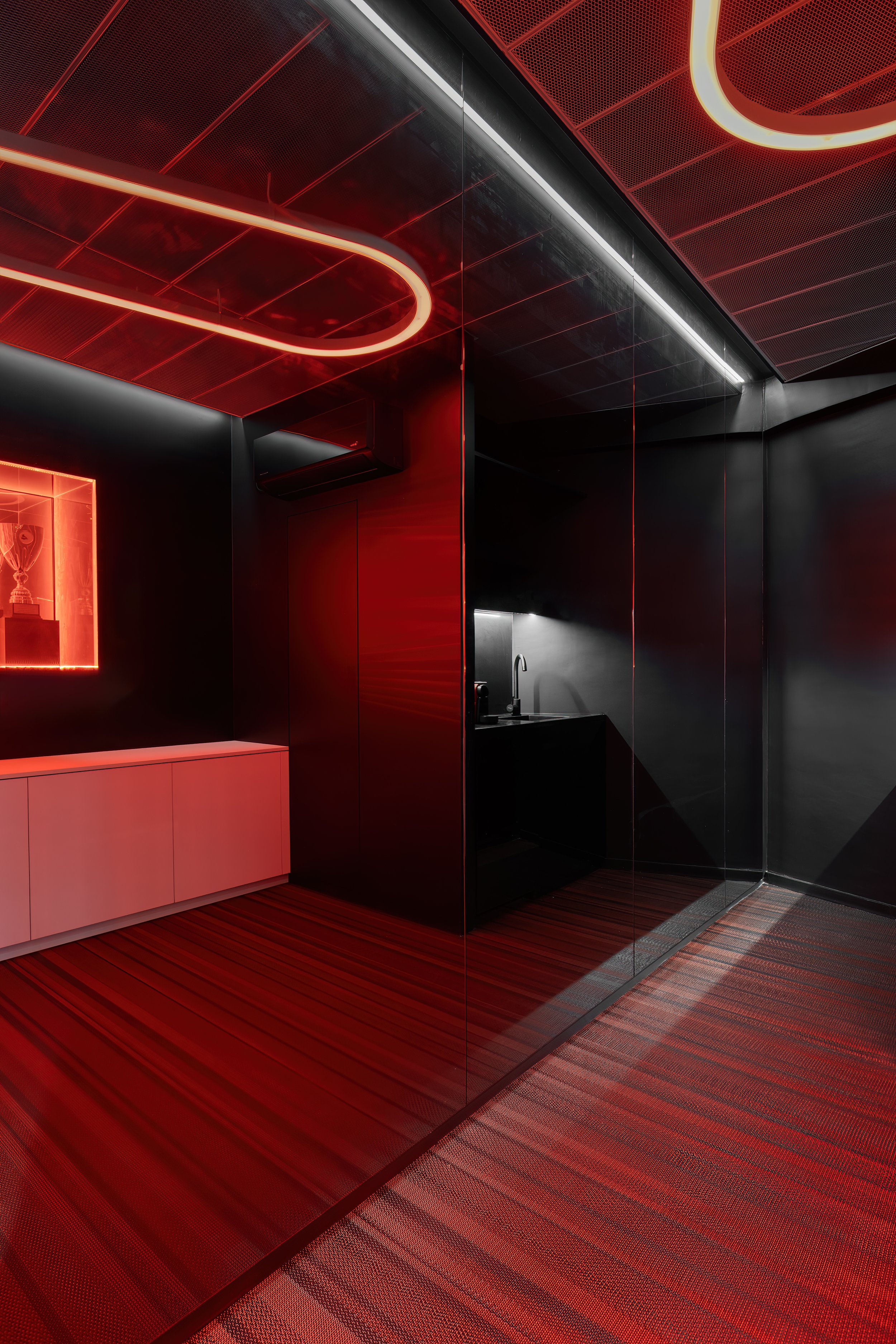 Athens architecture firm: Custom red track LED light loop loop installation – dire architects