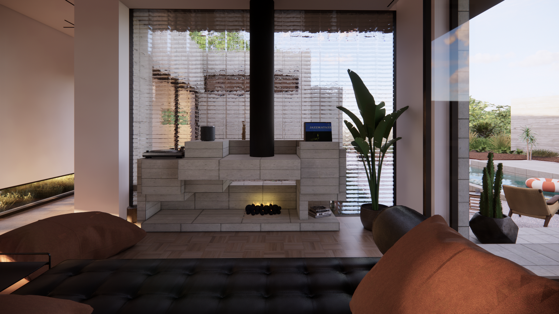 Living room with beige and black furniture, large windows covered with blinds, built-in fireplace, and potted plants, overlooking a pool and outdoor lounge area.