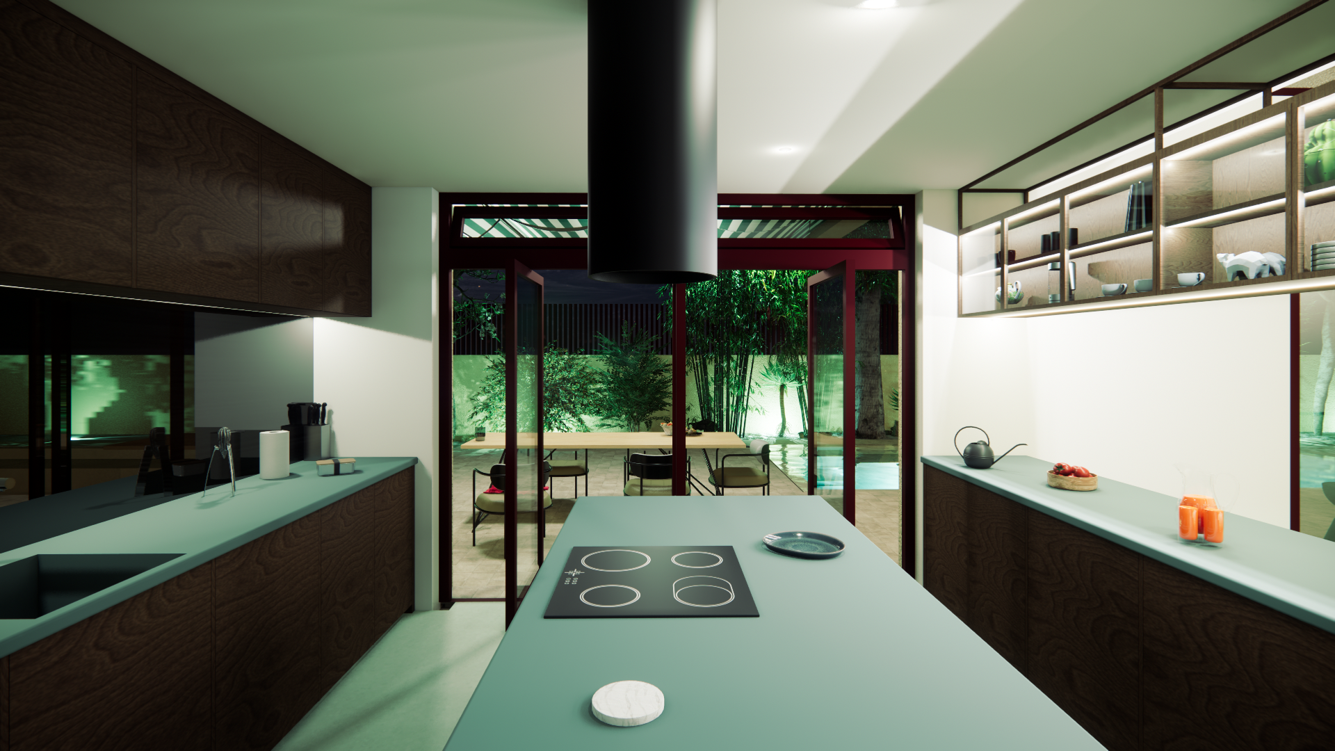 Open kitchen design with a custom island acting as a spatial screen by Athens interior architecture studio dire architects.