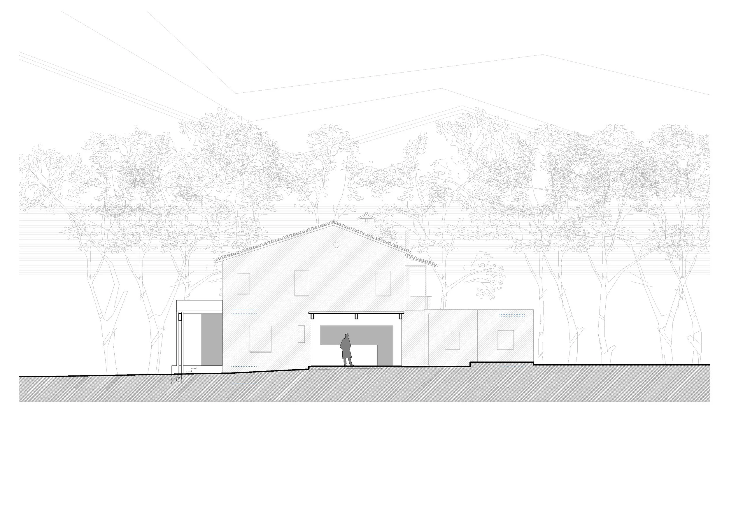 Architectural drawing of a house with trees in the background, including a person standing near the front entrance.
