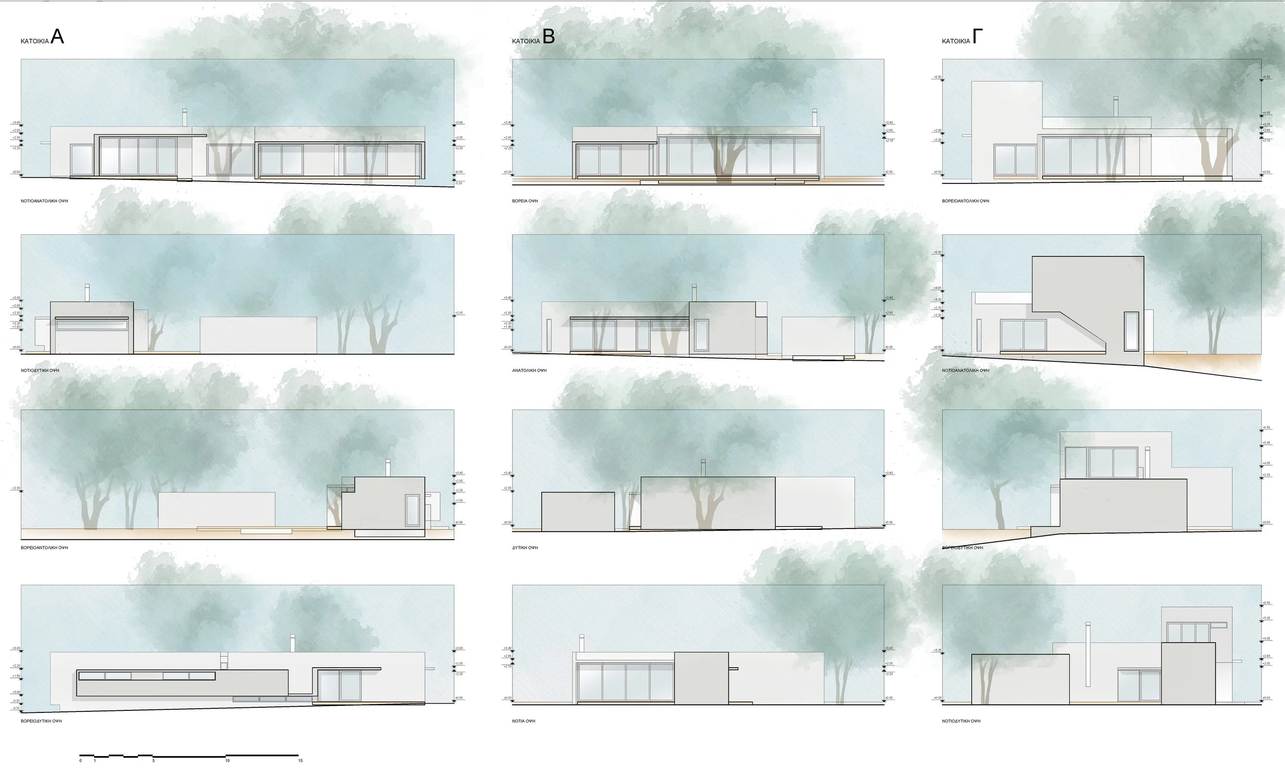 Architectural drawings of a modern single-story house with various elevation views, trees in the background, and measurements in feet.