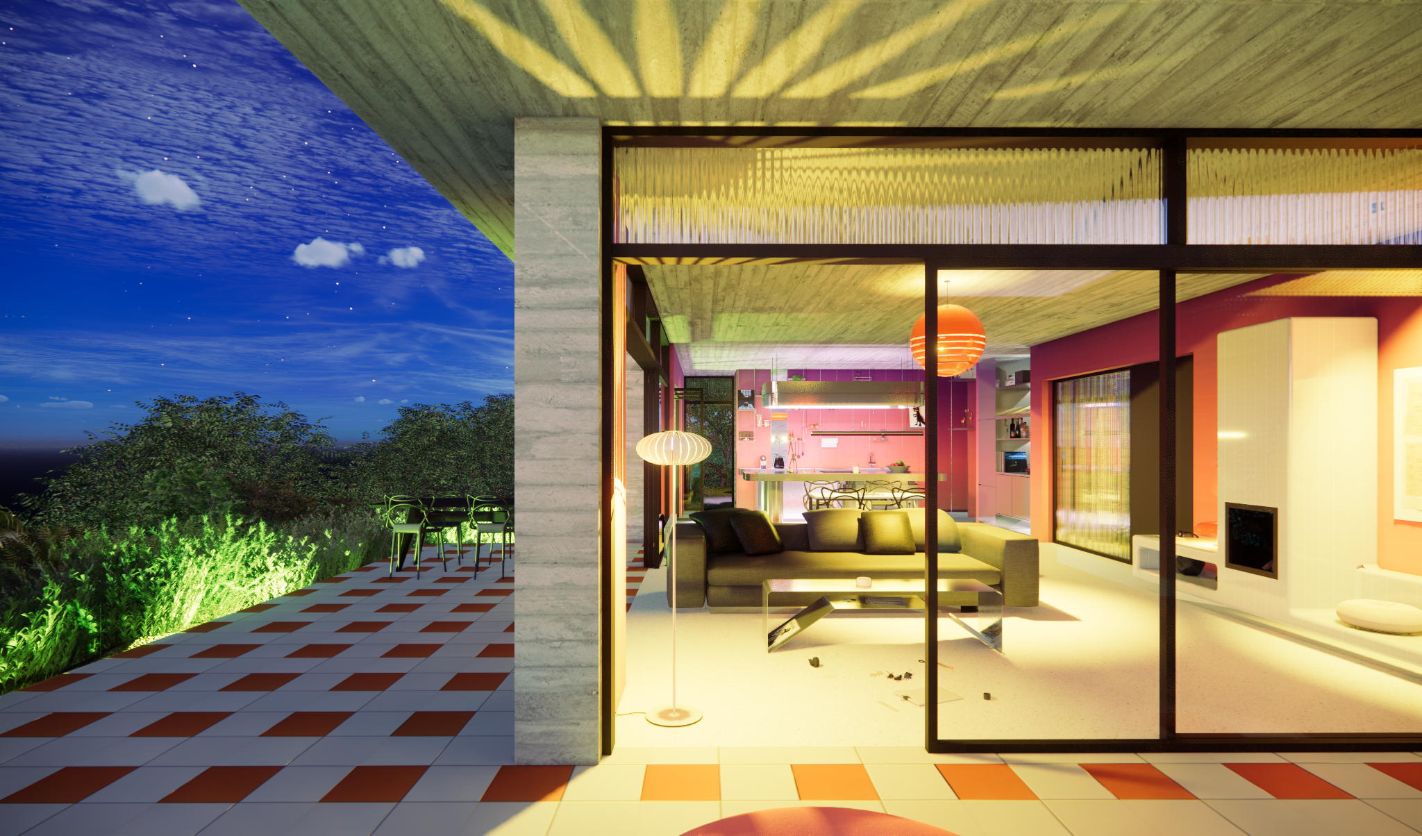 Minimalist luxury villa living room with floor-to-ceiling glass walls and panoramic pool views.