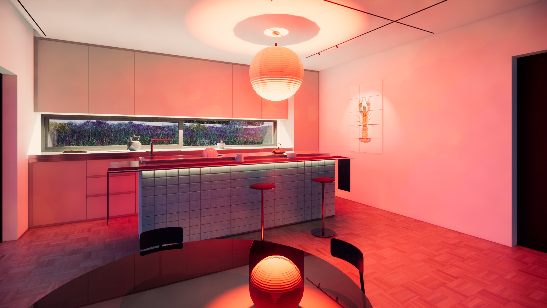 minimal kitchen with soft lighting