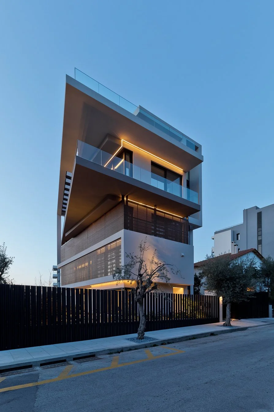geometric angular facade of modern family residence in Papagou – dire architects