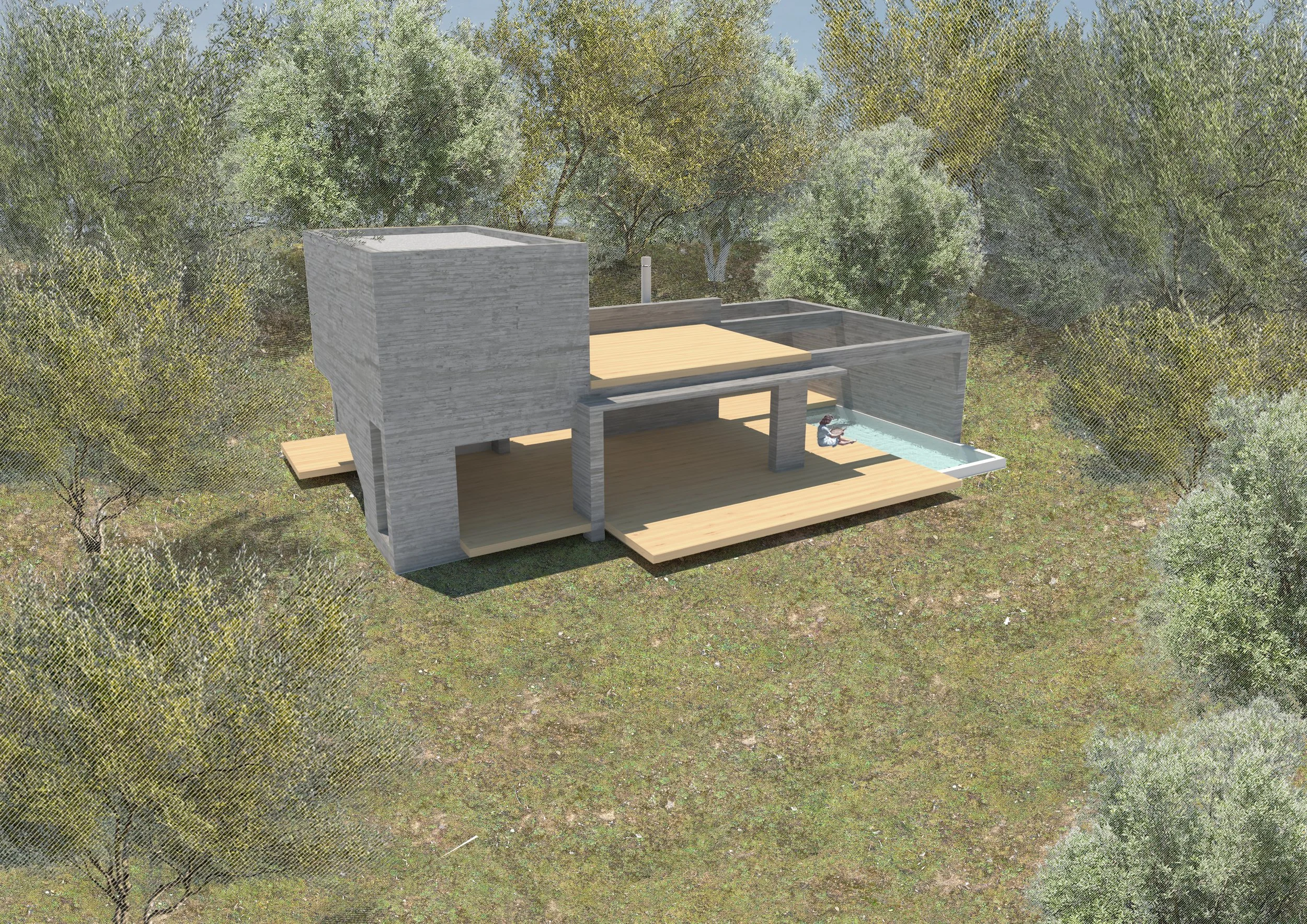 A modern house with outdoor decks, concrete and wooden structure, surrounded by trees, with a person sitting by a small pool.