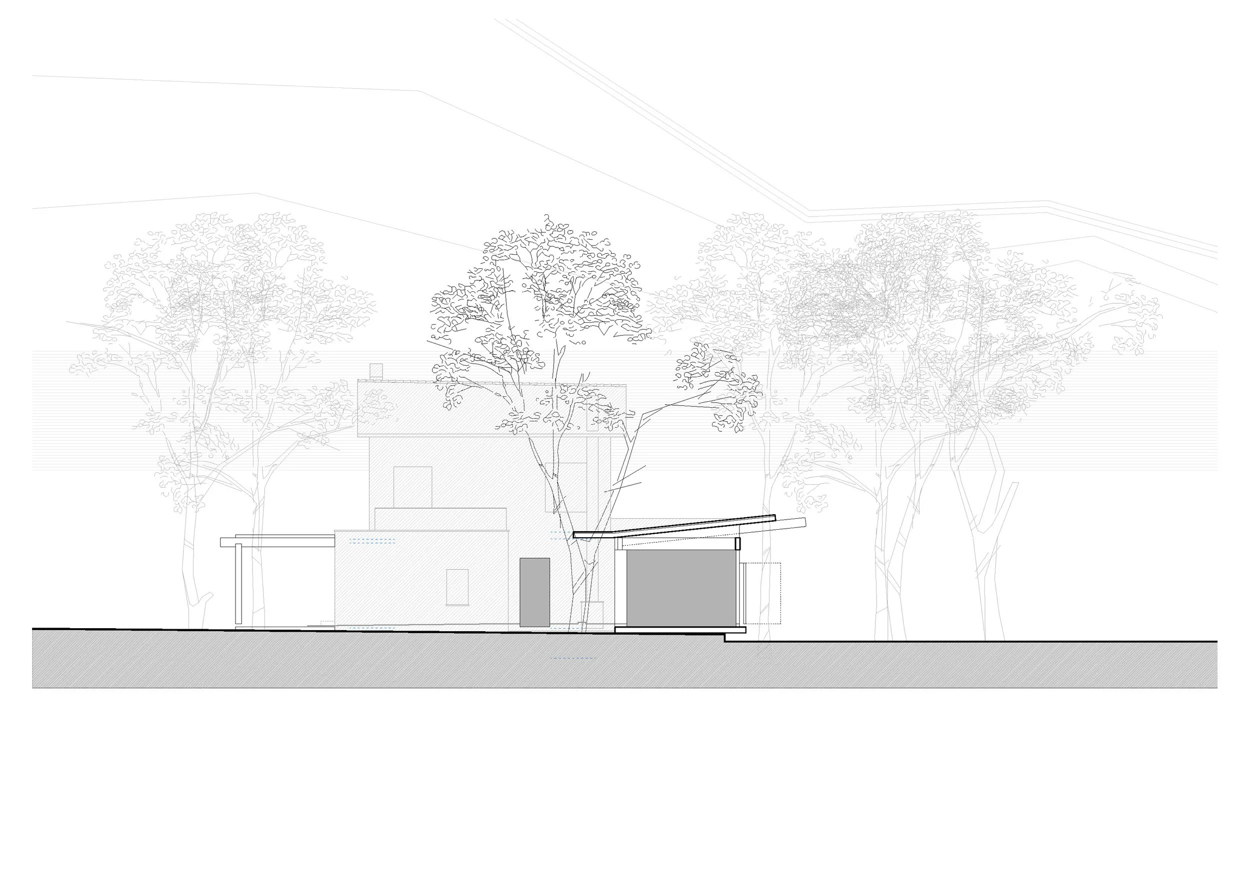 Architectural drawing of a building with modern design, trees in the background, and a sloped roof.