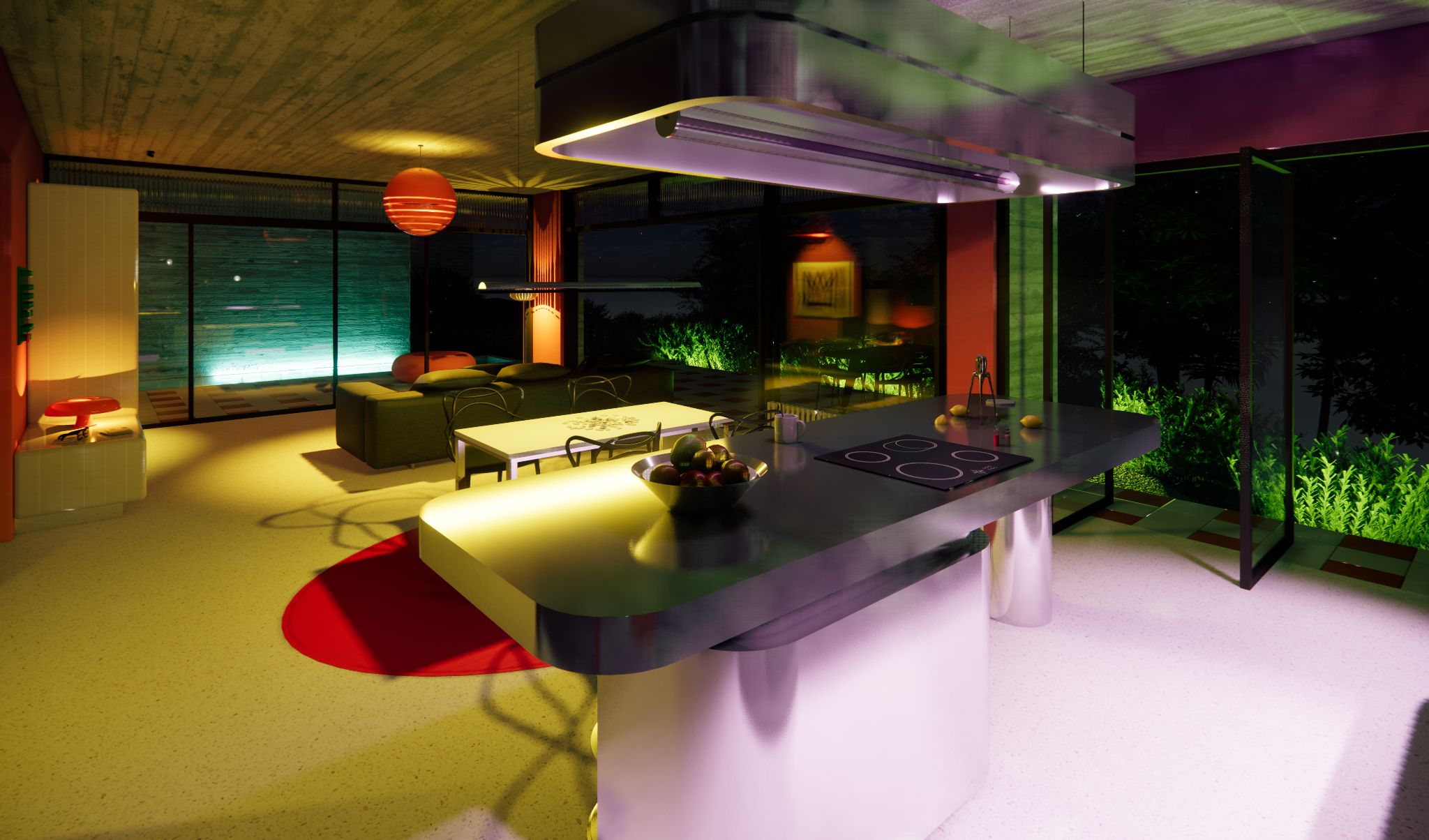 Sunset Villa 1 open plan arrangement with stainless steel kitchen, design objects and night views of the pool