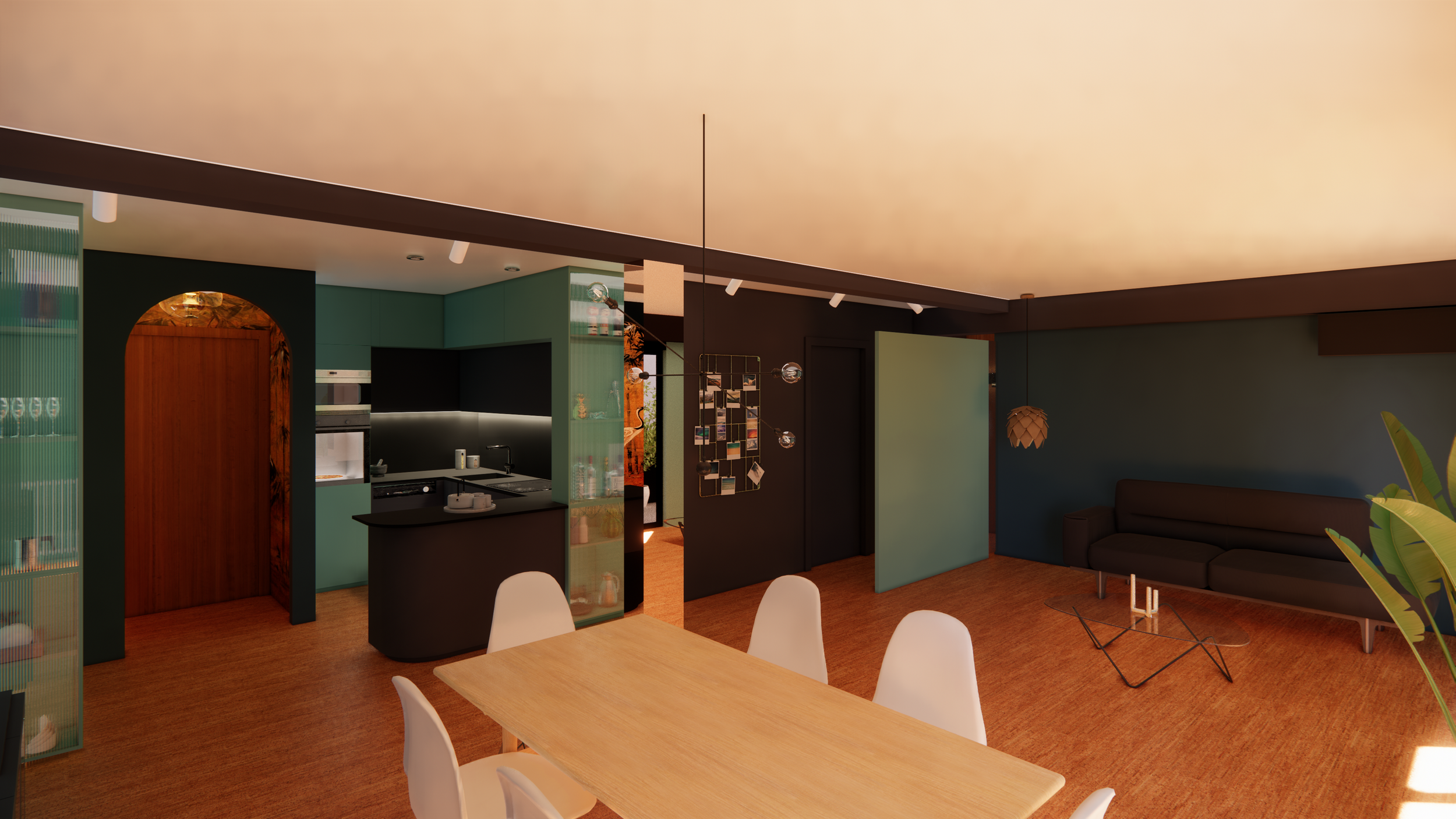 Open-plan living and dining area with a kitchen, dining table, white chairs, a black sofa, a coffee table, and modern decor.