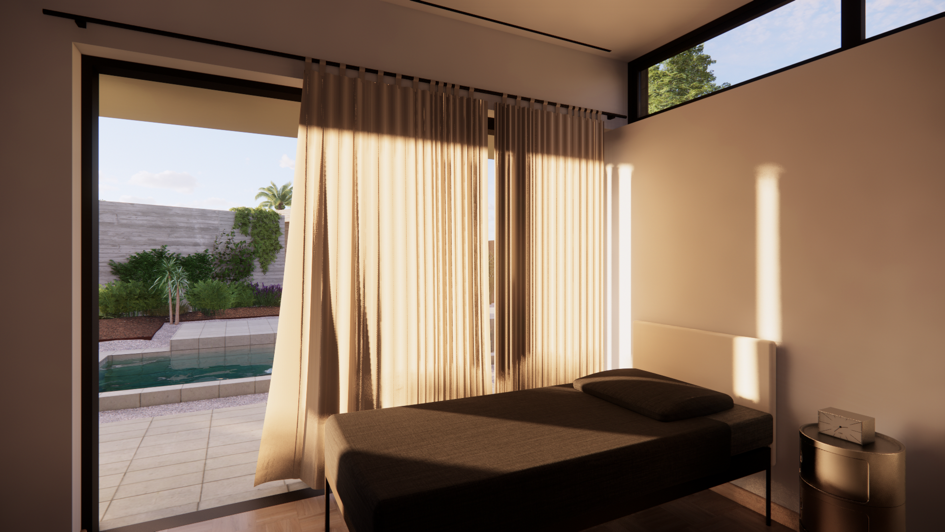 bedroom in minimal colours with open window and curtains moving with the breeze in the sunset