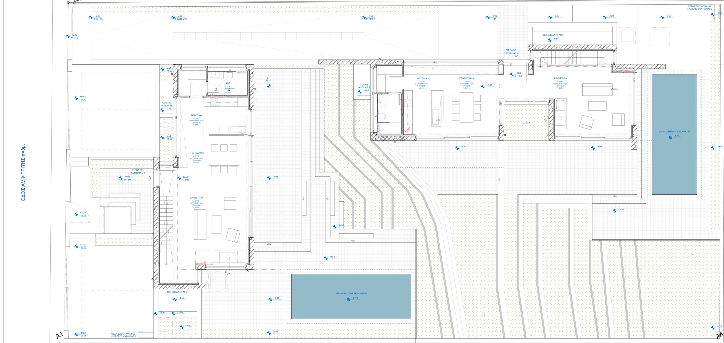 Ground floor plan featuring open-plan living areas and courtyard integration by Athens based studio dire architects.