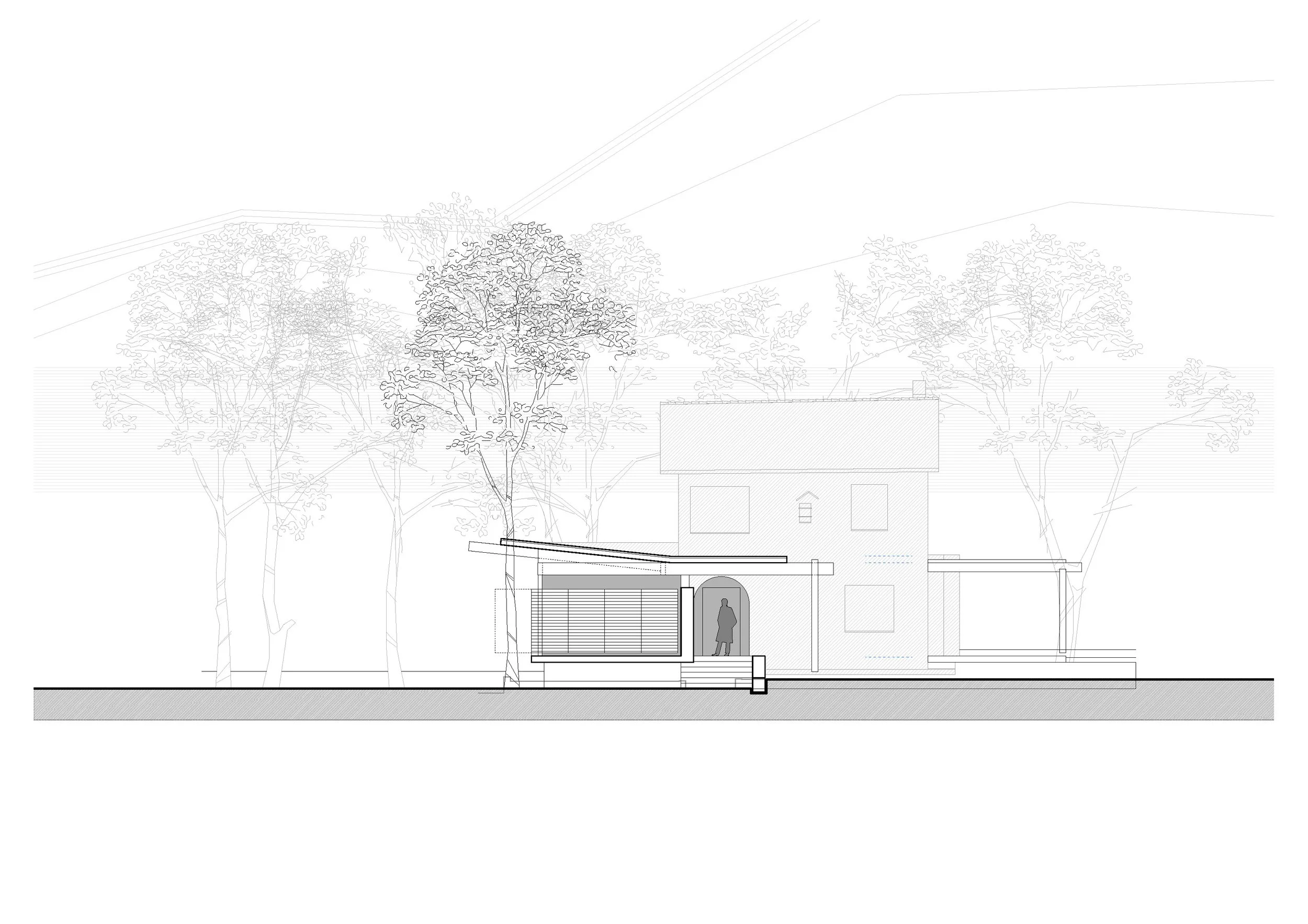 Architectural drawing of a house with trees in the background, showing a side view with detailed lines of the building and surrounding landscape.
