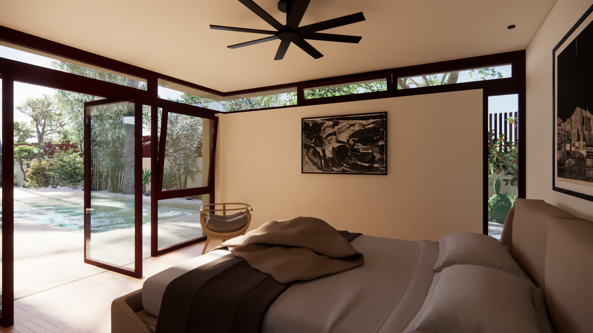 Master bedroom για το Oasis Residence στην Πολιτεία, Αττικής με οπτική επαφή στην πισίνα και αντανακλάσεις νερού στην οροφή του προβόλου, dire architects στην Αθήνα.