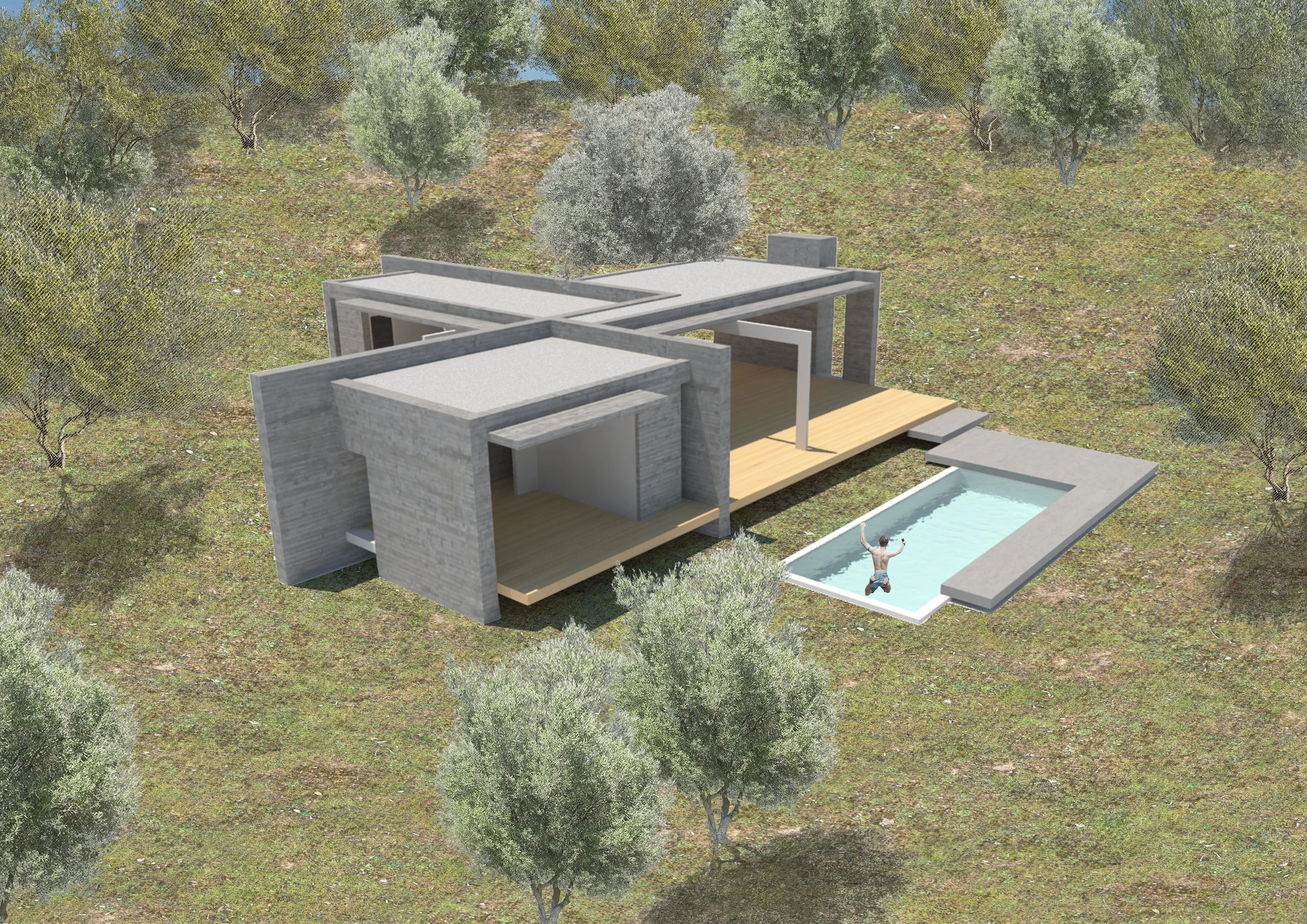 Modern house with concrete and wood elements, outdoor swimming pool with a person jumping into it, surrounded by trees and grassy landscape.