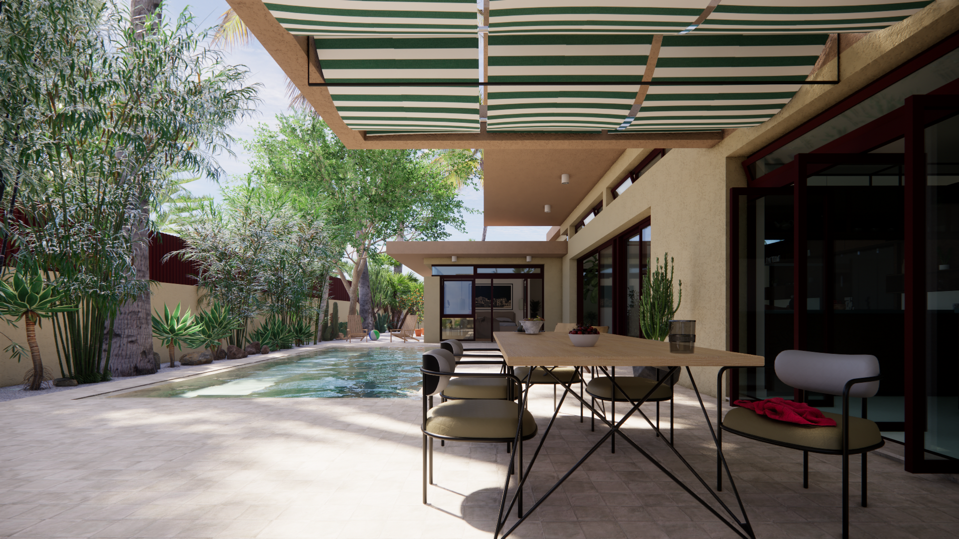 Outdoor patio lounge adjacent to the pool seamlessly blurring interior and exterior boundaries by dire architects in Oasis Residence.