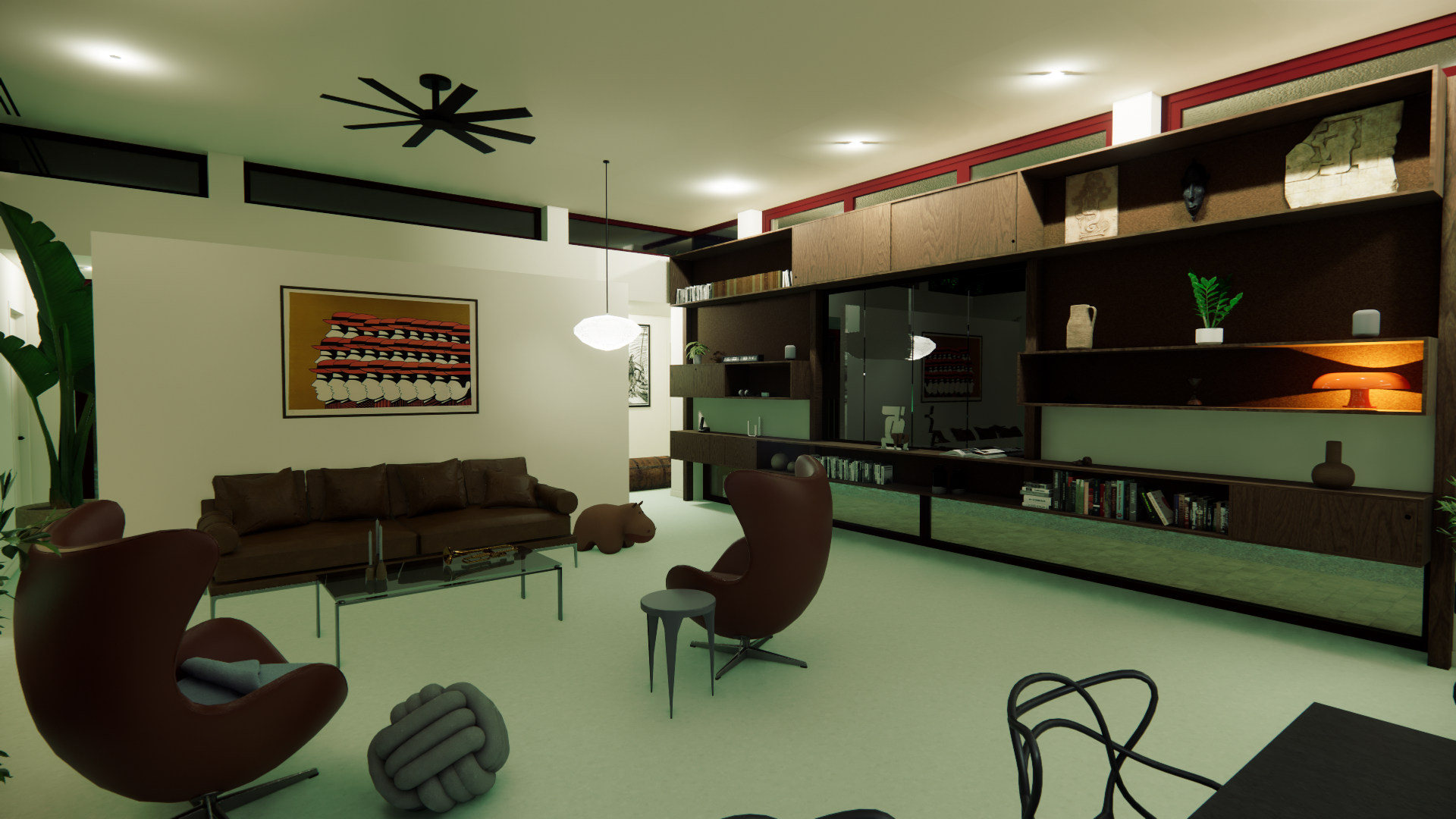 High-ceiling dining space featuring operable ventilation skylights in Politeia by interior architects dire architects.