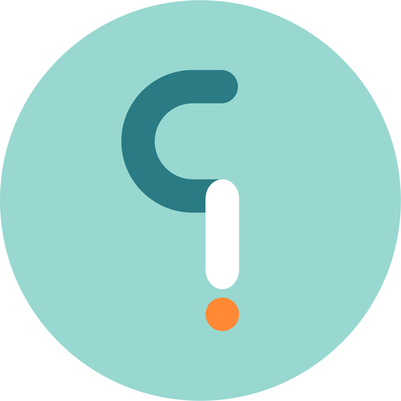 Een pictogram van een vraagteken met een uitroepteken er onder, beide in de kleur teal, op een lichtblauwe cirkel met een oranje stip onderaan.