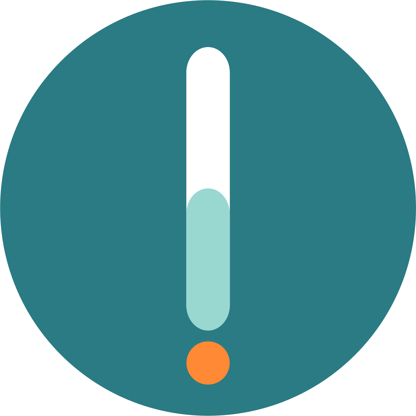 Een cirkel met een uitroepteken in het midden, de uitroepteken toont een thermometer en een oranje stip onderaan.