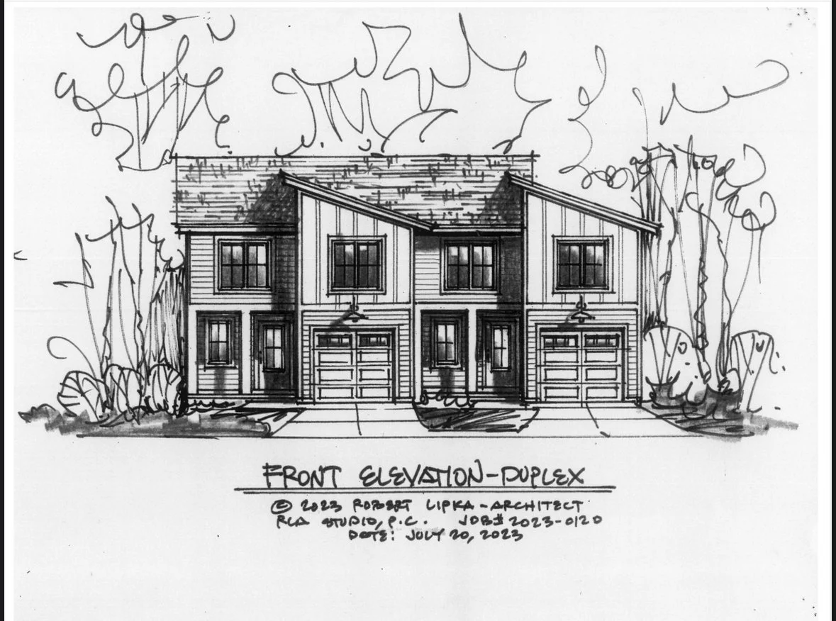 A black and white architectural sketch of a duplex house front elevation, showing two connected units with garages, front doors, and windows, surrounded by landscaping with trees and plants.
